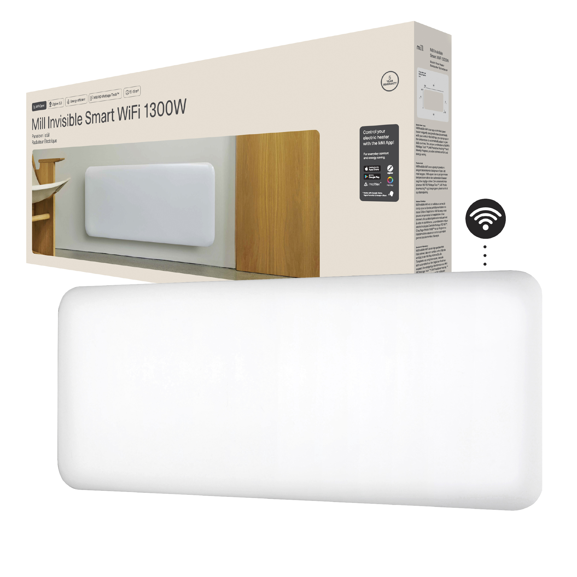 Mill Invisible Smart WiFi Heater | PA1300WIFI4 | Panel Heater | 1300 W | Suitable for rooms up to 15-19 m² | White | IPX4 - Image 2