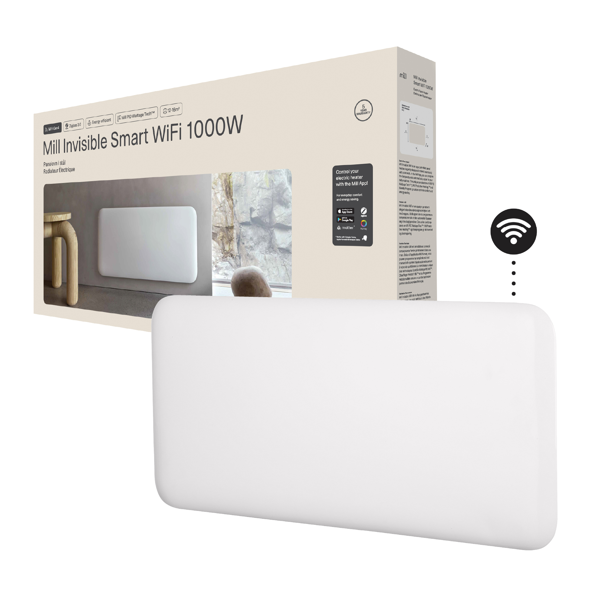 Mill Invisible Smart WiFi Heater | PA1000WIFI4 | Panel Heater | 1000 W | Suitable for rooms up to 12-16 m² | White | IPX4 - Image 2
