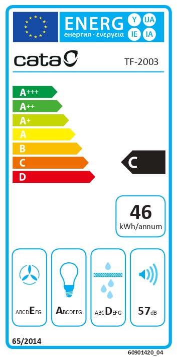 CATA | Hood | TF 2003 Duralum 600 | Telescopic | Energy efficiency class C | Width 60 cm | 390 m³/h | Mechanical control | LED | Stainless steel - Image 7