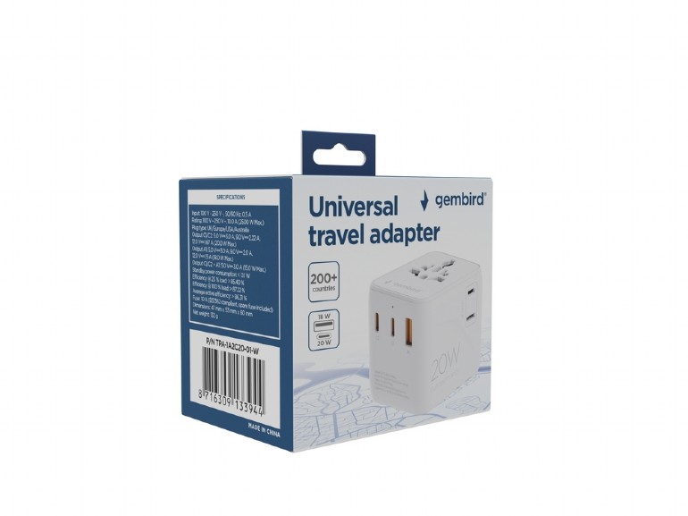Gembird Universal travel power adapter | TPA-1A2C20-01-W | 20 W | Travel Adapter - Image 6
