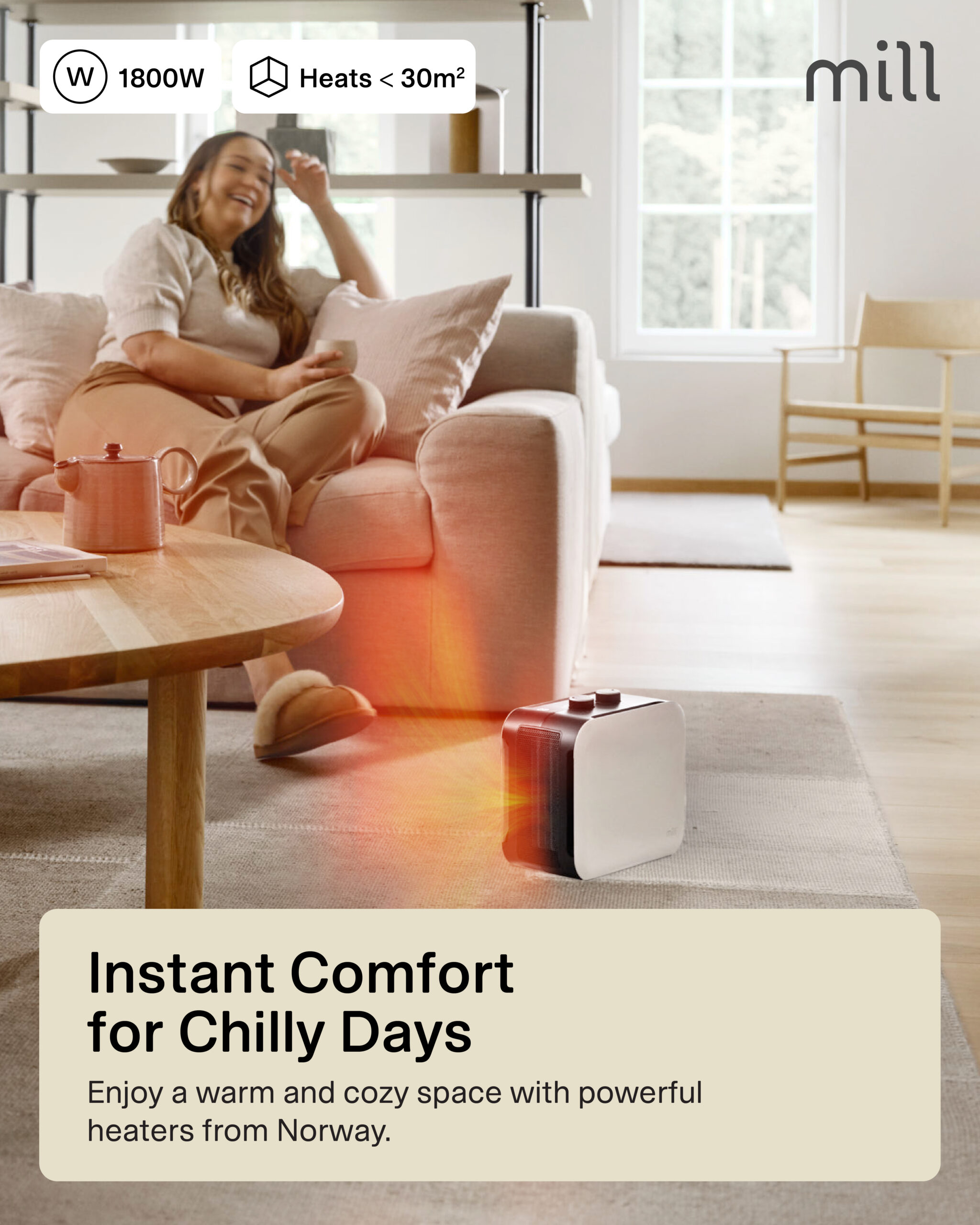 Mill | Compact PTC Fan Heater | CUS1800MECW | PTC Fan | 1800 W | Number of power levels 3 | Suitable for rooms up to 10-30 m² | White - Image 3