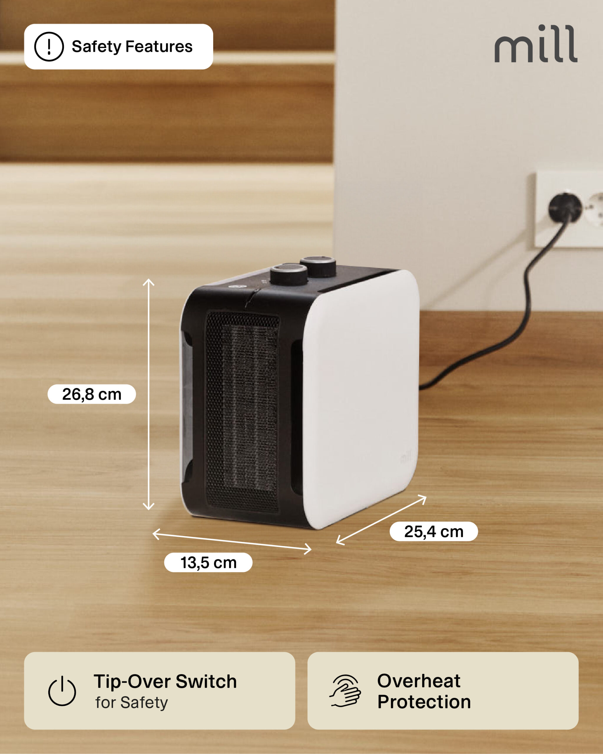 Mill | Compact PTC Fan Heater | CUS1800MECW | PTC Fan | 1800 W | Number of power levels 3 | Suitable for rooms up to 10-30 m² | White - Image 5