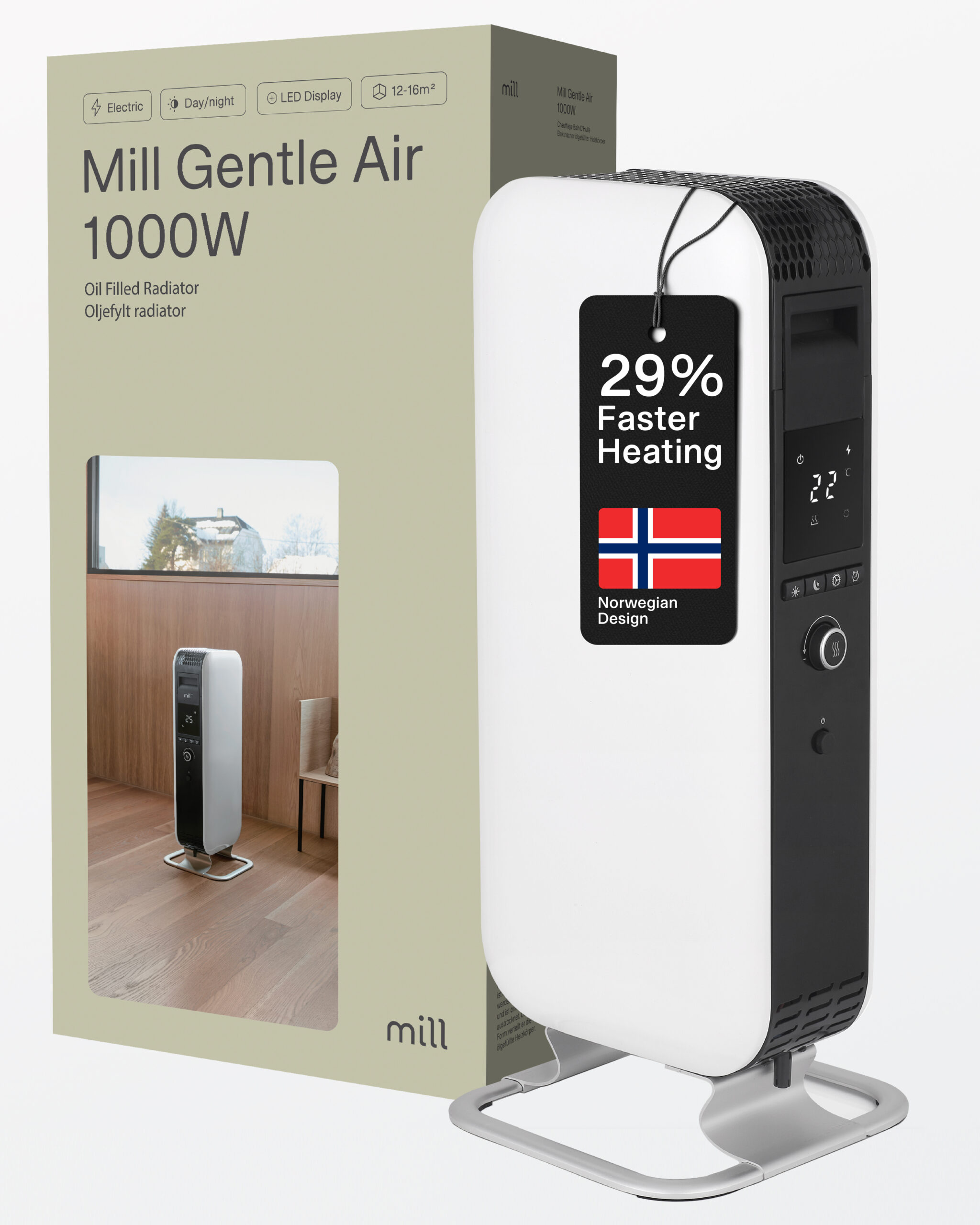 Mill | Heater | AB-H1000DN | Oil Filled Radiator | 1000 W | Number of power levels 3 | Suitable for rooms up to 12-16 m³ | White