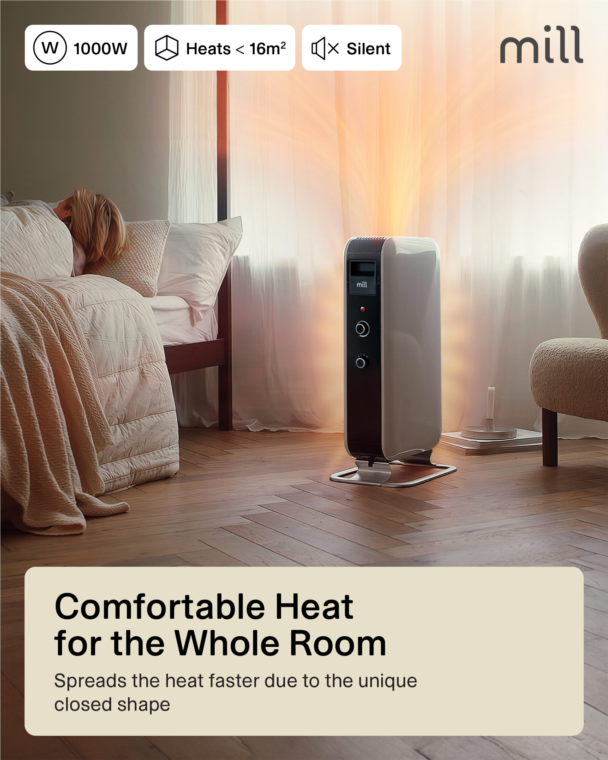 Mill | Heater | AB-H1000MEC | Oil Filled Radiator | 1000 W | Number of power levels 3 | Suitable for rooms up to 12-16 m² | White - Image 2