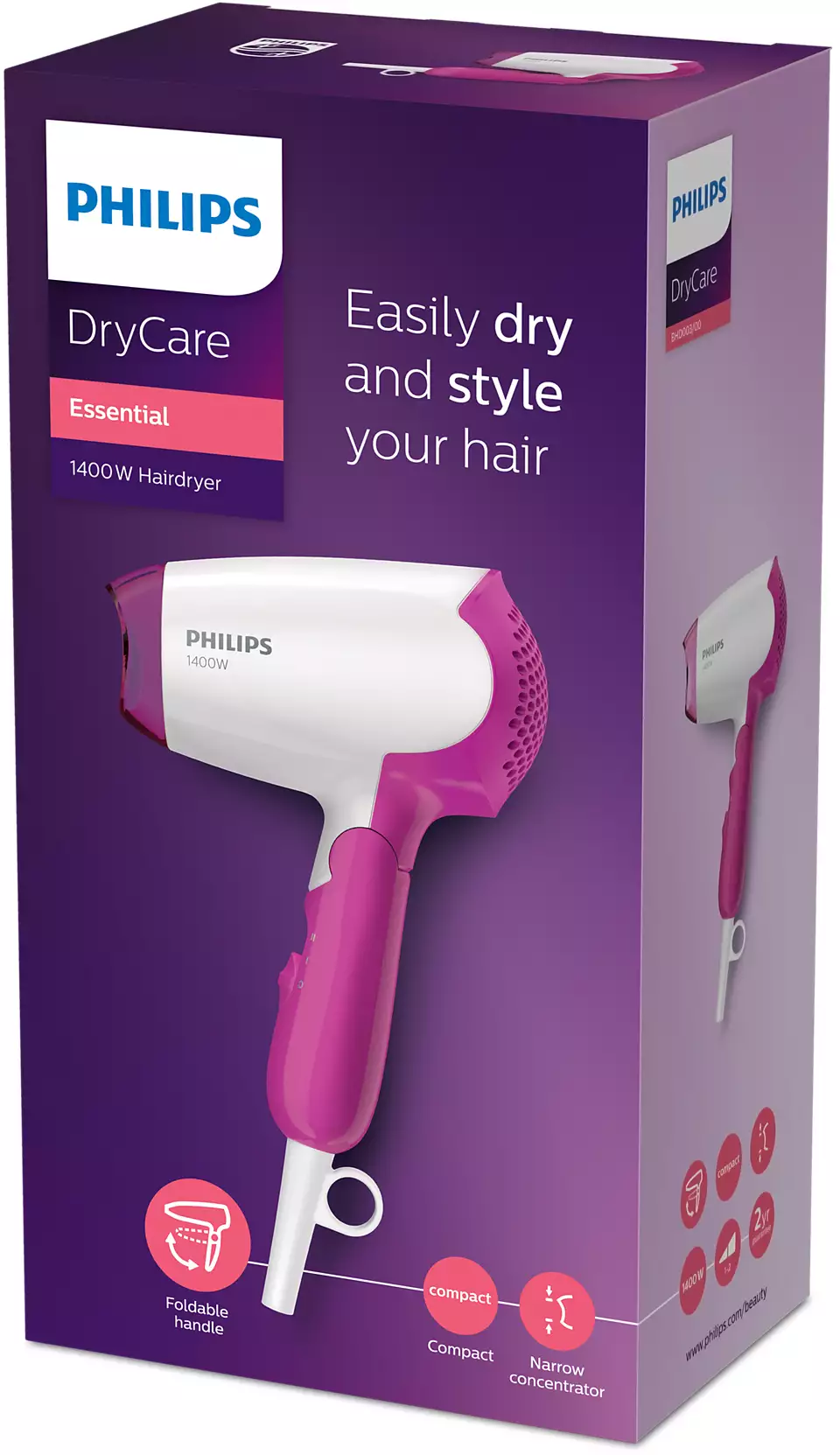 Philips | Hair Dryer | BHD003/00 | 1400 W | Number of temperature settings 2 | White/Pink - Image 6