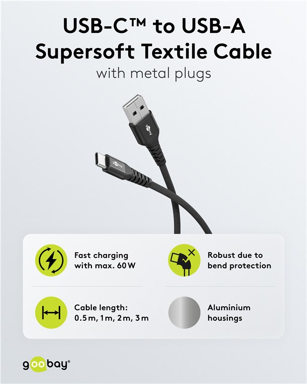 Goobay USB-C to USB-A Supersoft Textile Cable with Metal Plugs | 74526 | USB-C to USB-A - Image 4