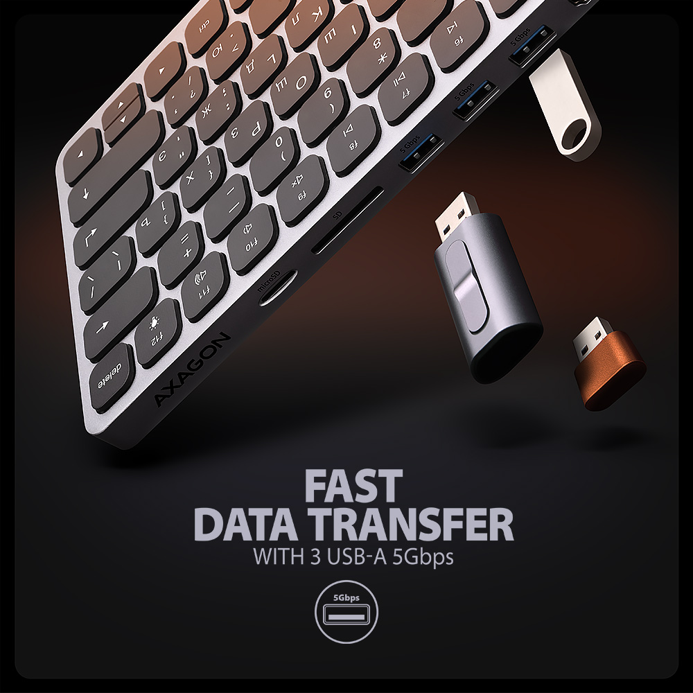 AXAGON | HMC-KB keyboard USB-C 5Gbps with HUB, microSD/SD, 3x USB-A, HDMI 4K/60Hz, PD 100W | HMC-KB-CRL - Image 7