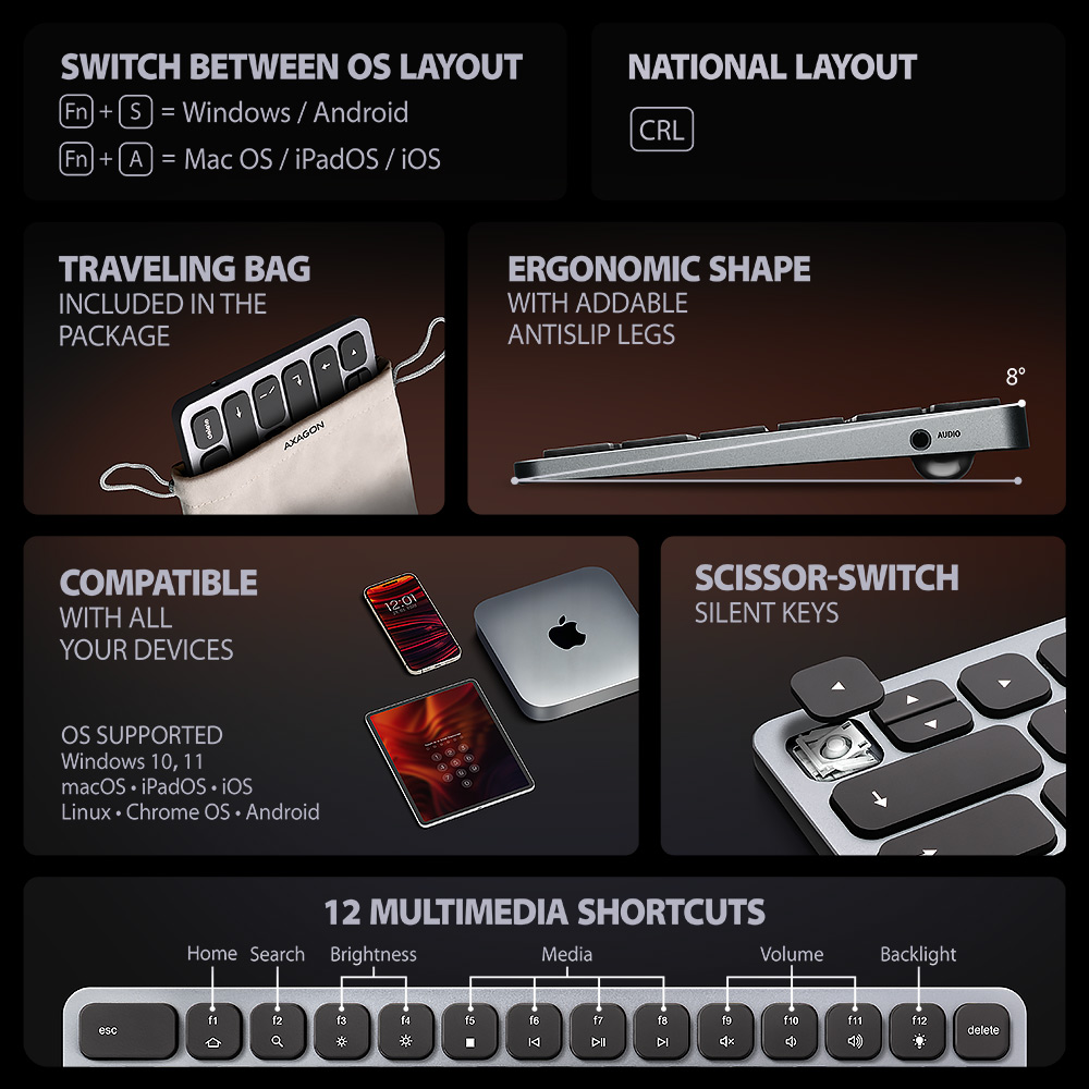 AXAGON | HMC-KB keyboard USB-C 5Gbps with HUB, microSD/SD, 3x USB-A, HDMI 4K/60Hz, PD 100W | HMC-KB-CRL - Image 9