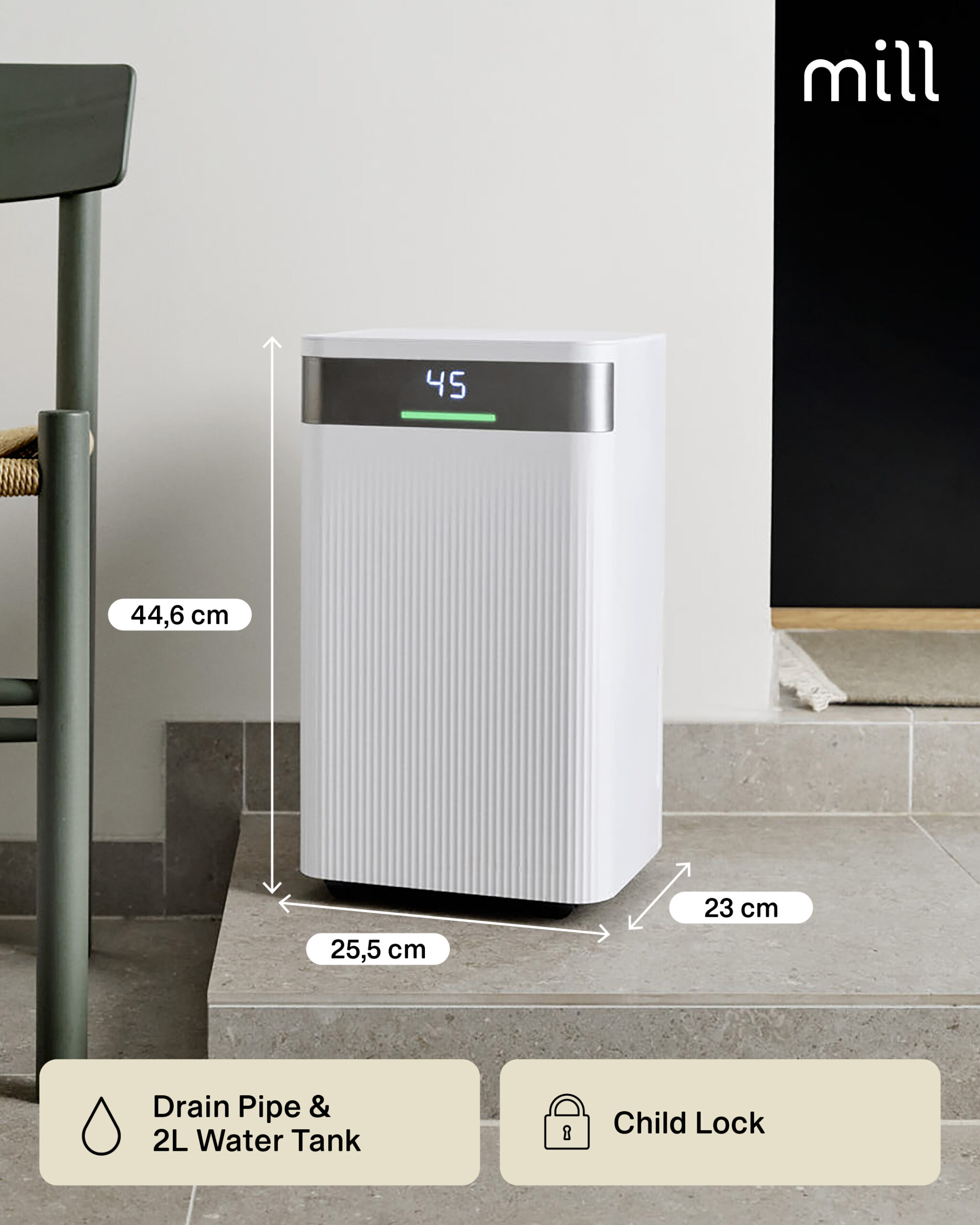 Mill Dehumidifier | MDH12 | Power 200 W | Suitable for rooms up to 8-15 m² | Water tank capacity 2 L | White - Image 8