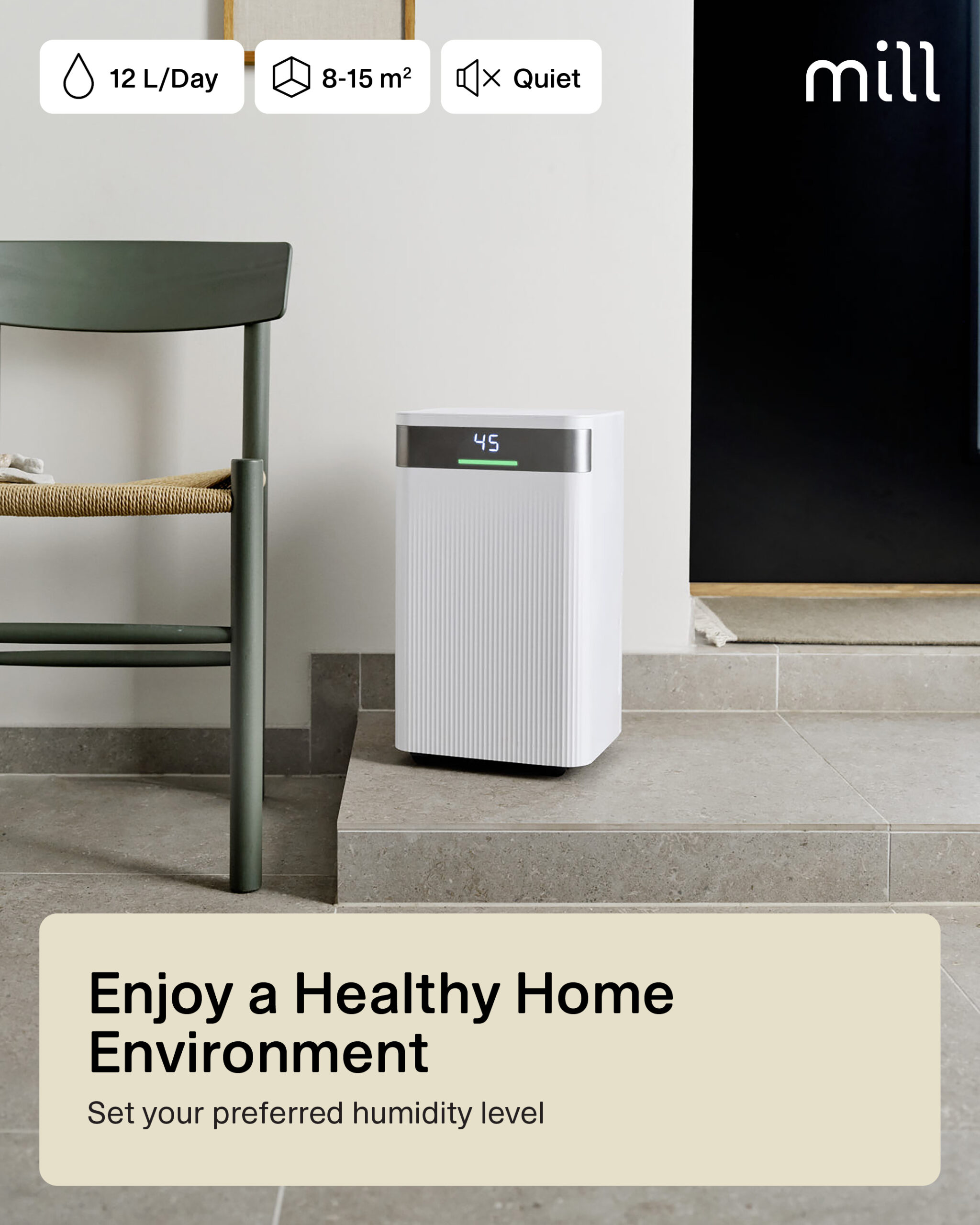 Mill Dehumidifier | MDH12 | Power 200 W | Suitable for rooms up to 8-15 m² | Water tank capacity 2 L | White - Image 10
