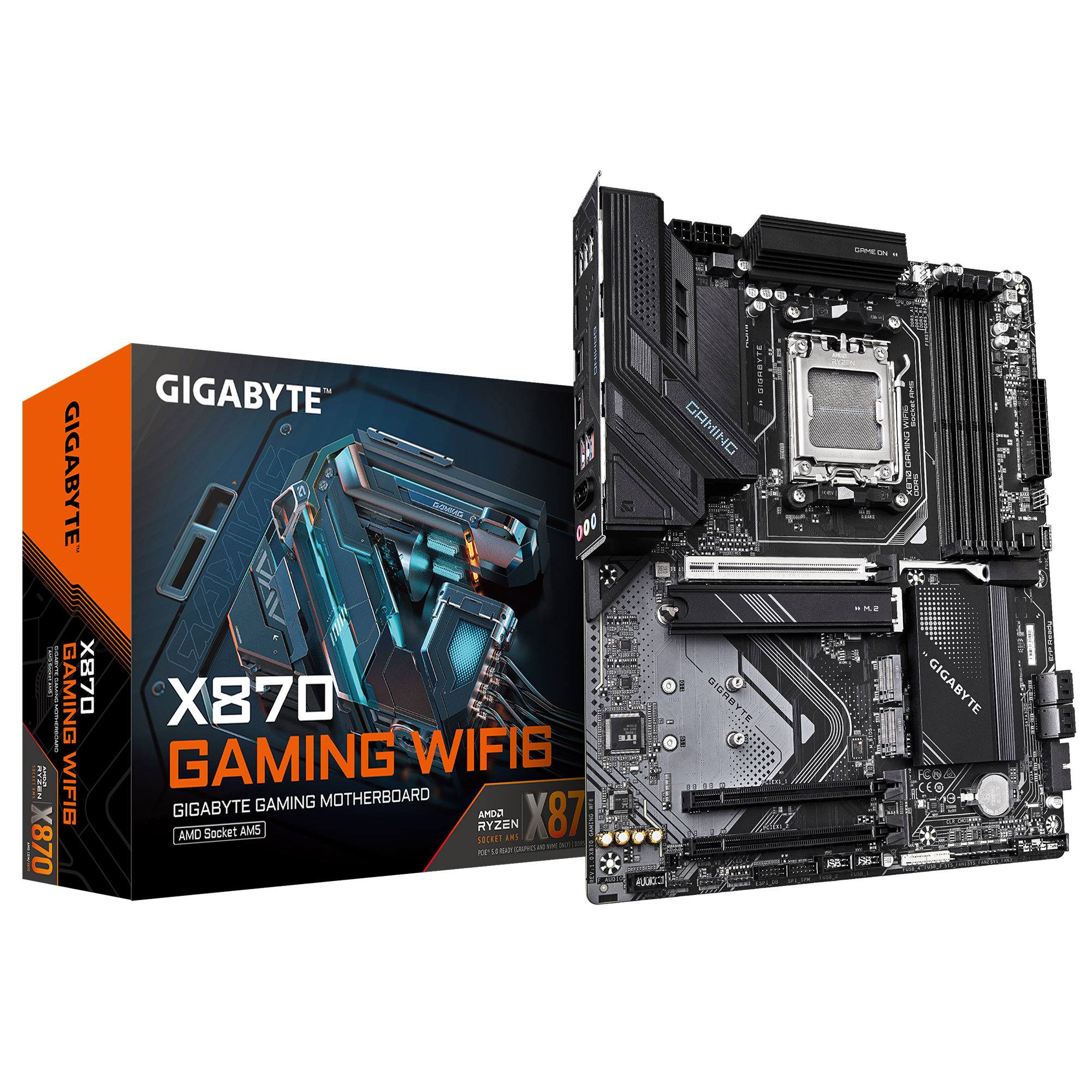 Gigabyte X870 GAMING WF6 | Processor family AMD | Processor socket AM5 | DDR5 | Supported hard disk drive interfaces M.2, SATA | Number of SATA connectors 4
