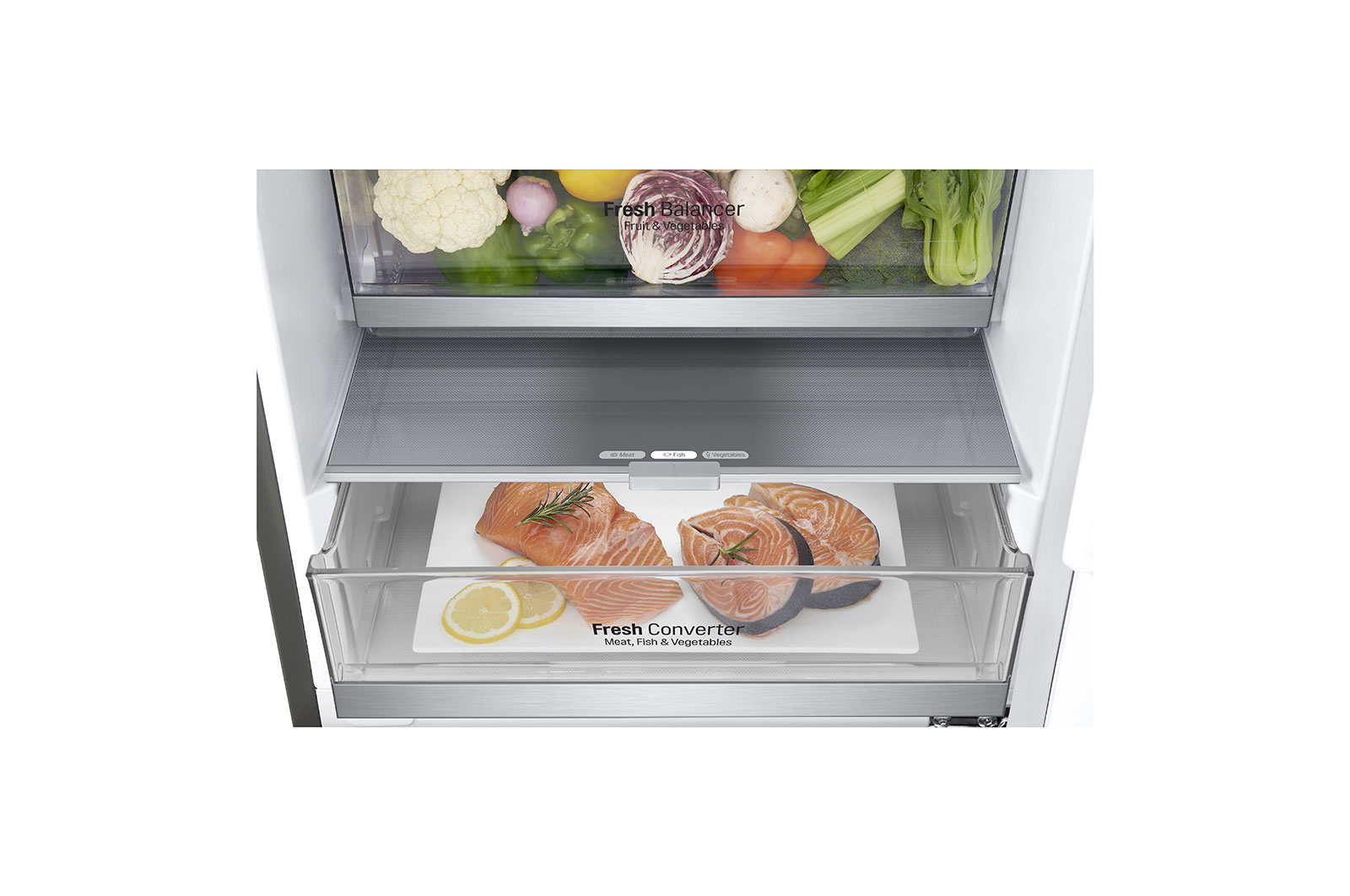 LG | Refrigerator | GBB72PZDMN | Energy efficiency class E | Free standing | Combi | Height 203 cm | No Frost system | Fridge net capacity 277 L | Freezer net capacity 107 L | Display | 36 dB | Silver - Image 15