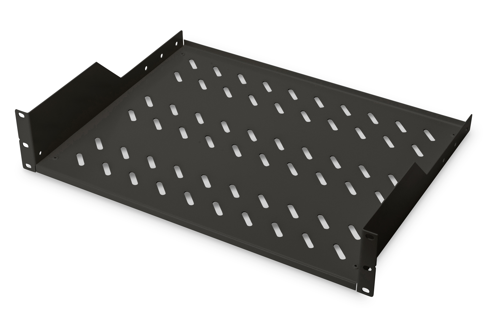 Digitus | 2U Fixed Shelf for Racks | DN-19 TRAY-2-SW | Black | Perfect for storage of components which are not 483 mm (19”) suitable. Slim design which takes space of 2 height units. Easy and quick to mount or dismount. Dimensions 88x482x349 mm, up to 25 kg