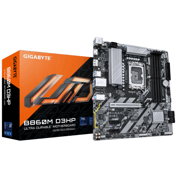 Gigabyte B860M D3HP | Processor family Intel | Processor socket LGA1851 | DDR5 | Supported hard disk drive interfaces M.2, SATA | Number of SATA connectors 4