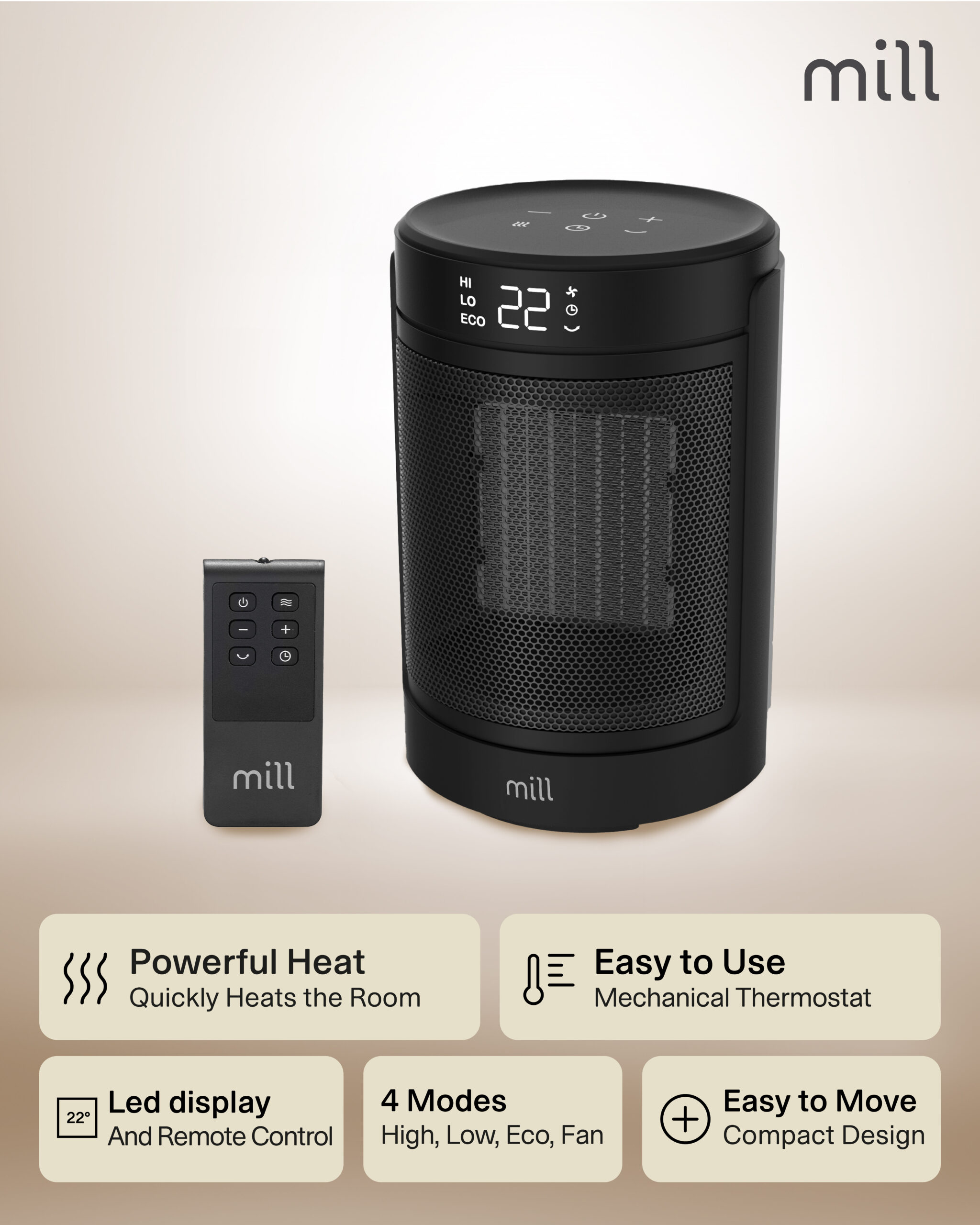 Mill FH1500BLACK | Ceramic fan heater | 1500 W | Suitable for rooms up to 22 m² | Black - Image 4