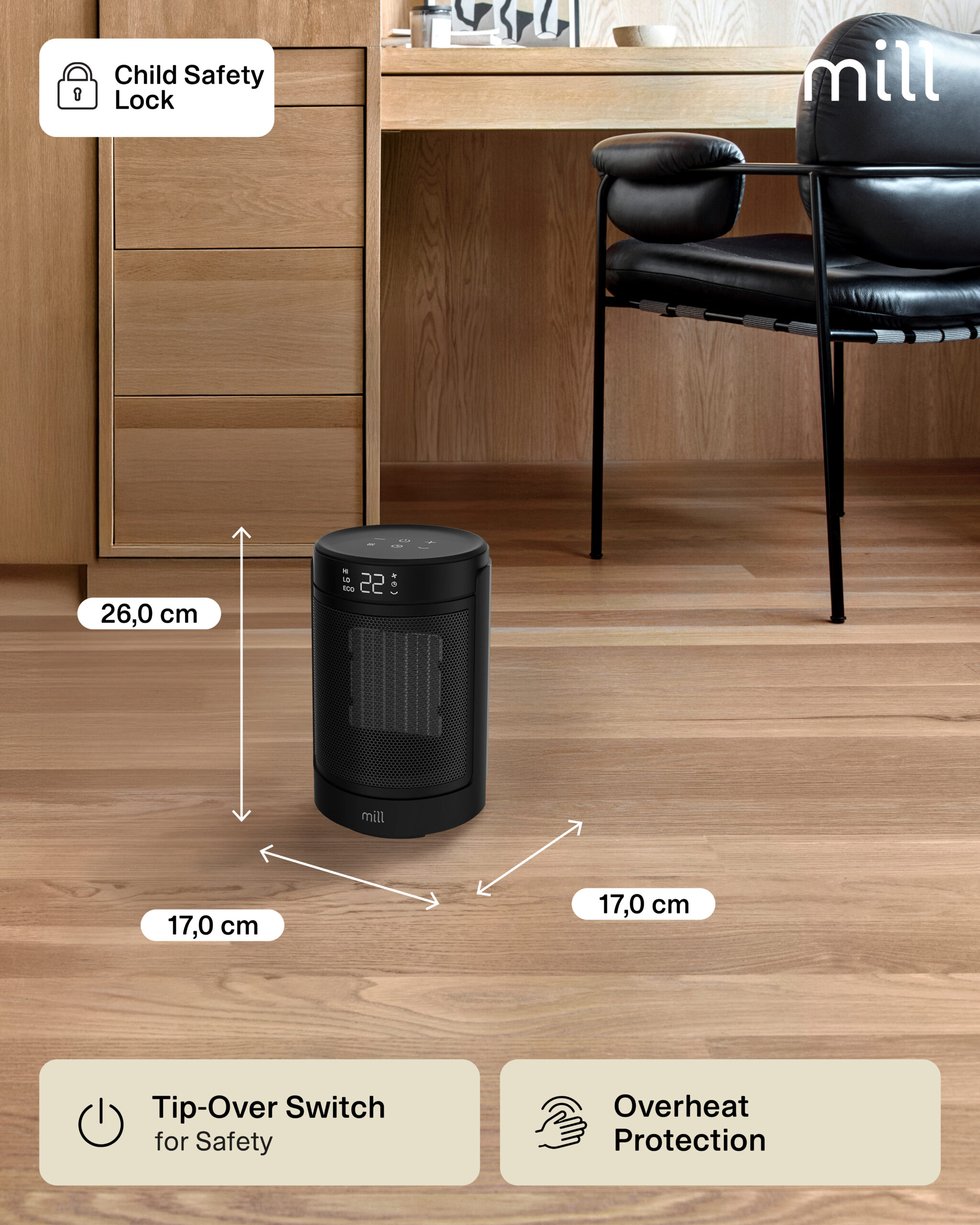 Mill FH1500BLACK | Ceramic fan heater | 1500 W | Suitable for rooms up to 22 m² | Black - Image 5