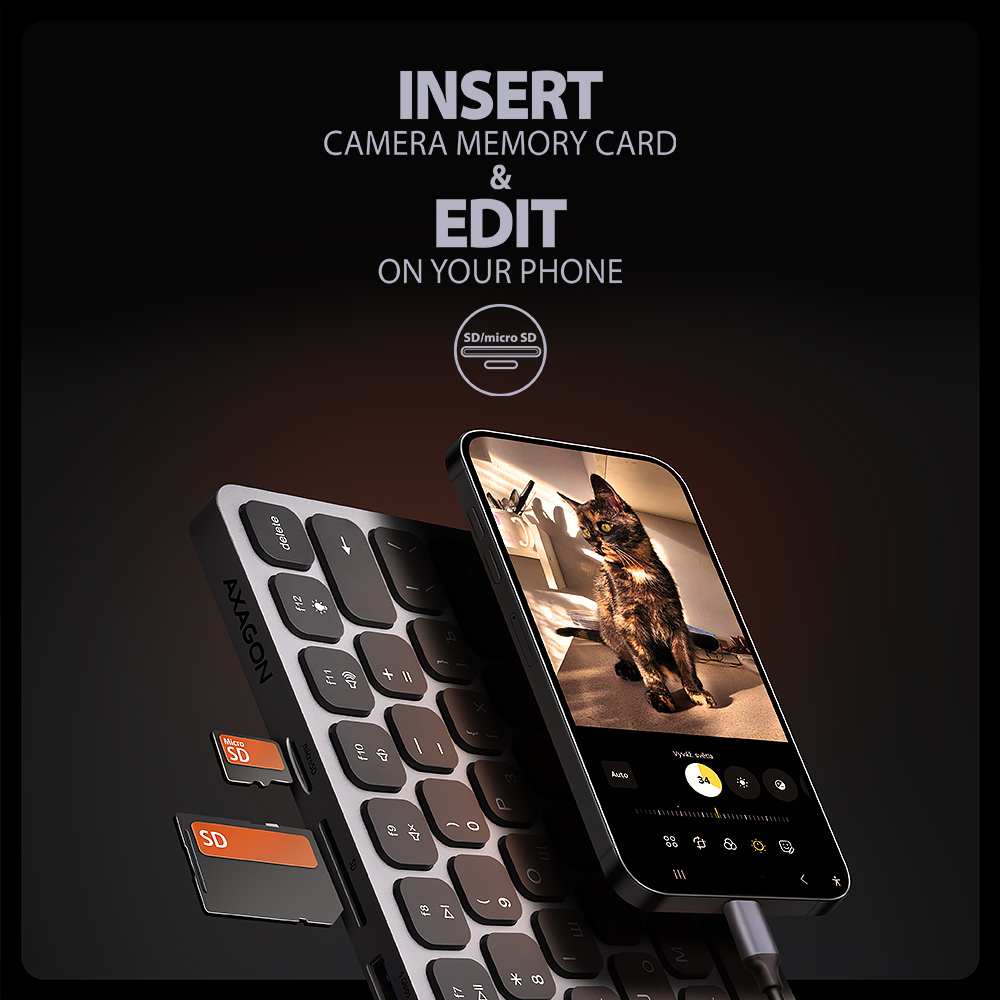 AXAGON | HMC-KB keyboard USB-C 5Gbps with HUB, microSD/SD, 3x USB-A, HDMI 4K/60Hz, PD 100W | HMC-KB-CRL - Image 12