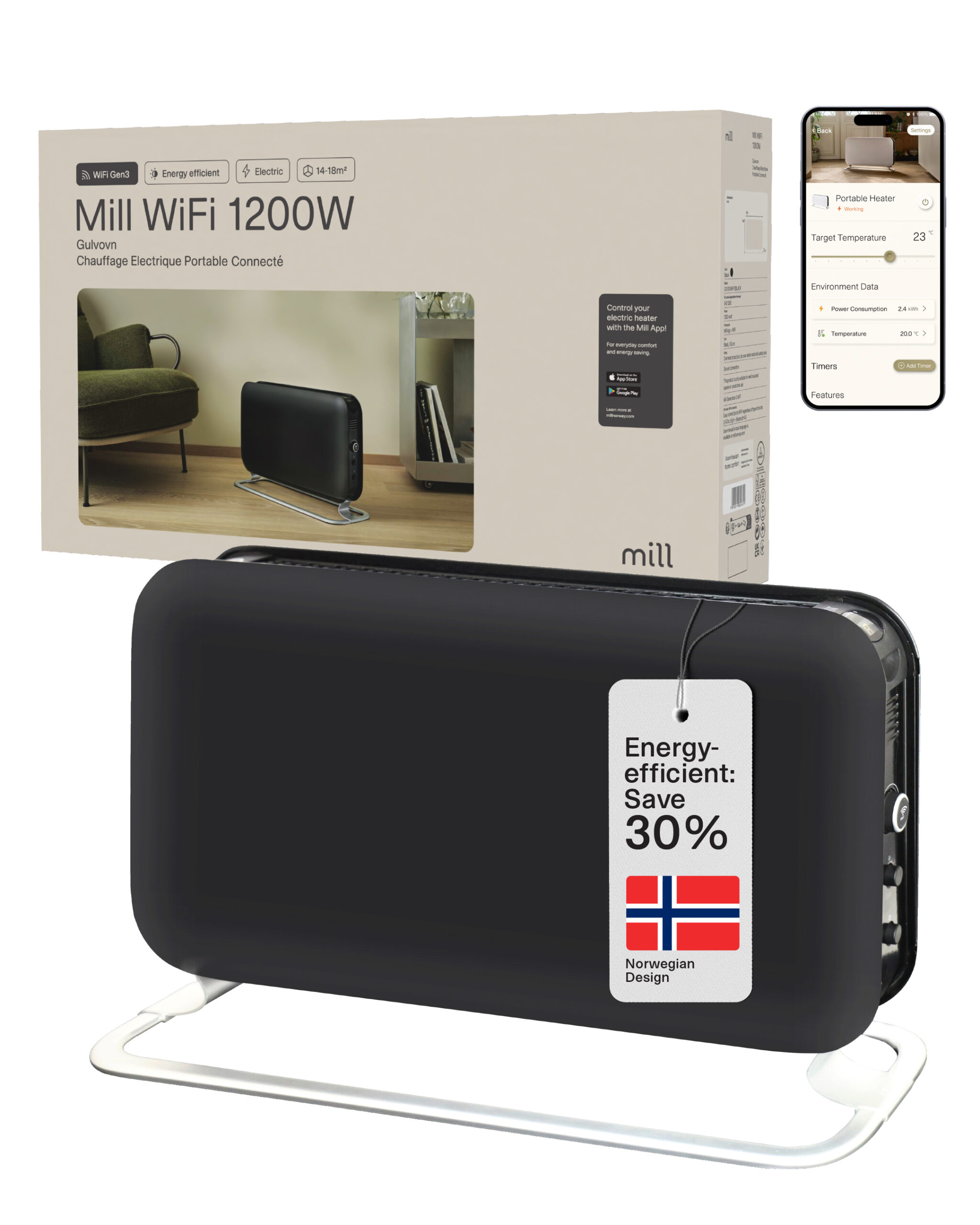 Mill CO1200WIFI3BLACK GEN3 Convection Heater, 1200W, Steel fronts, LED display, Black | Mill | Heater | CO1200WIFI3BLACK GEN3 | Convection Heater | 1200 W | Black