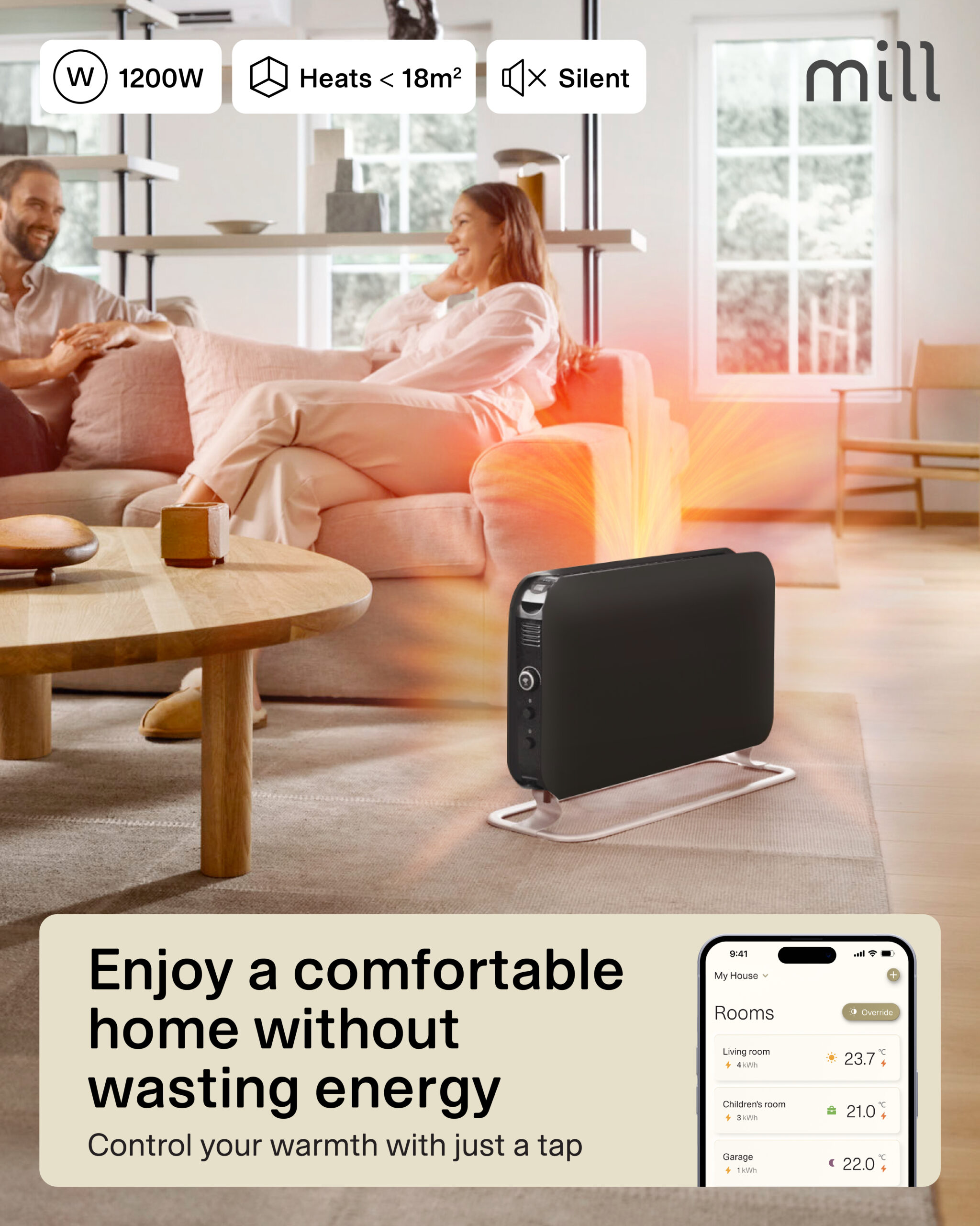 Mill CO1200WIFI3BLACK GEN3 Convection Heater, 1200W, Steel fronts, LED display, Black | Mill | Heater | CO1200WIFI3BLACK GEN3 | Convection Heater | 1200 W | Black - Image 8