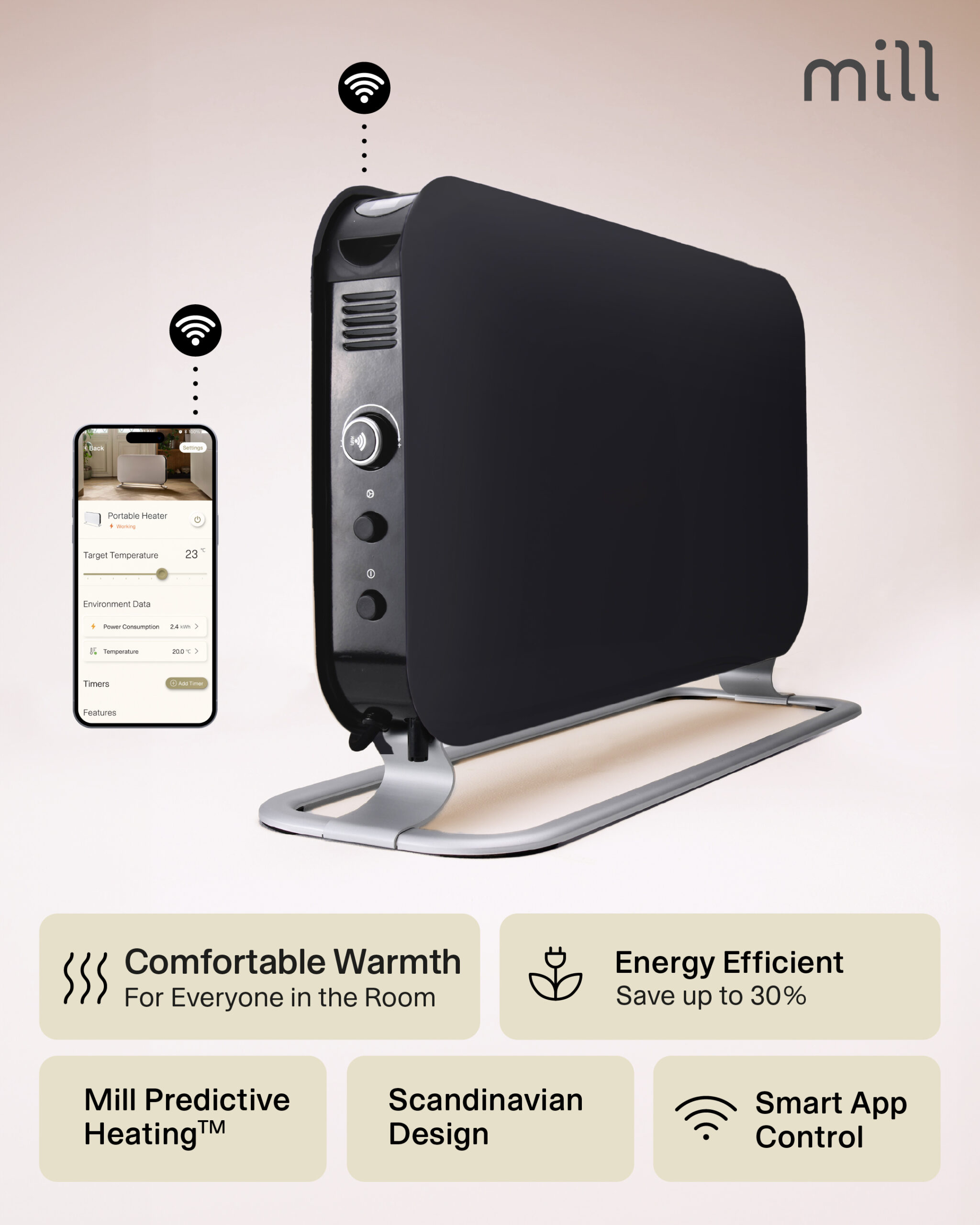 Mill CO1200WIFI3BLACK GEN3 Convection Heater, 1200W, Steel fronts, LED display, Black | Mill | Heater | CO1200WIFI3BLACK GEN3 | Convection Heater | 1200 W | Black - Image 9