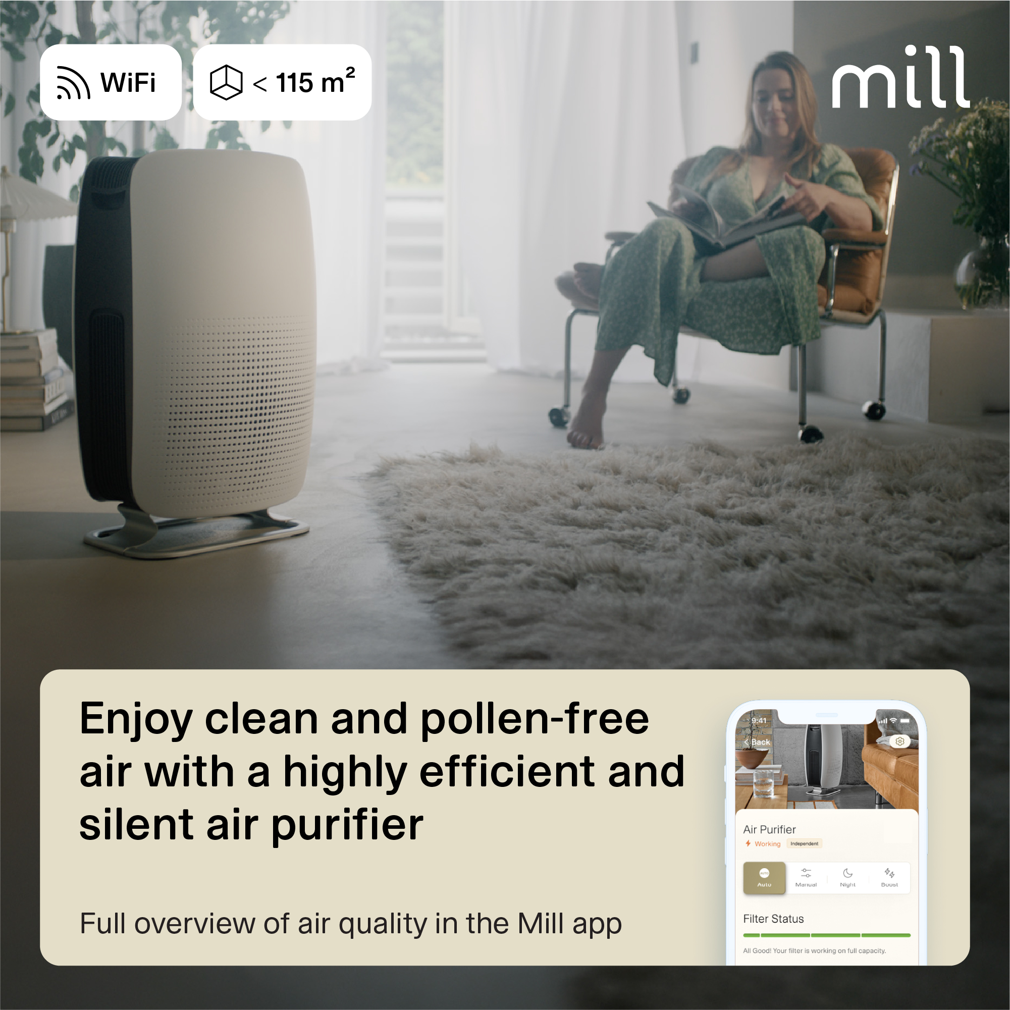 Mill | Silent Pro Air Purifier | APSILENT | Suitable for rooms up to 115 m² | 68.3 m³ | White/Black - Image 6