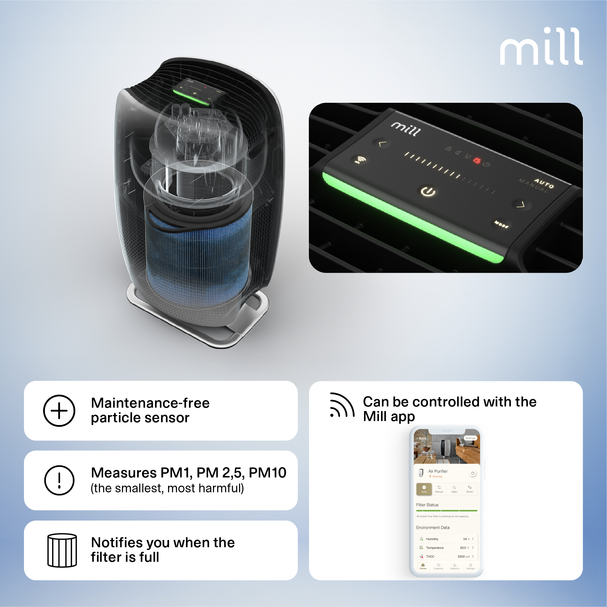 Mill | Silent Pro Air Purifier | APSILENT | Suitable for rooms up to 115 m² | 68.3 m³ | White/Black - Image 11