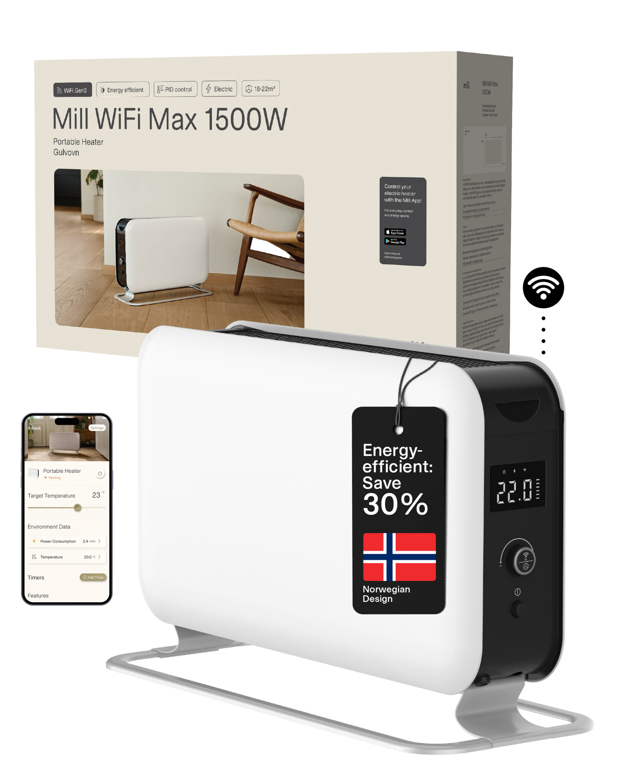 Mill | Portable Heater | CO1500MAXWIFI3 | Convection Heater | 1500 W | Suitable for rooms up to 14-18 m² | White | IPX4
