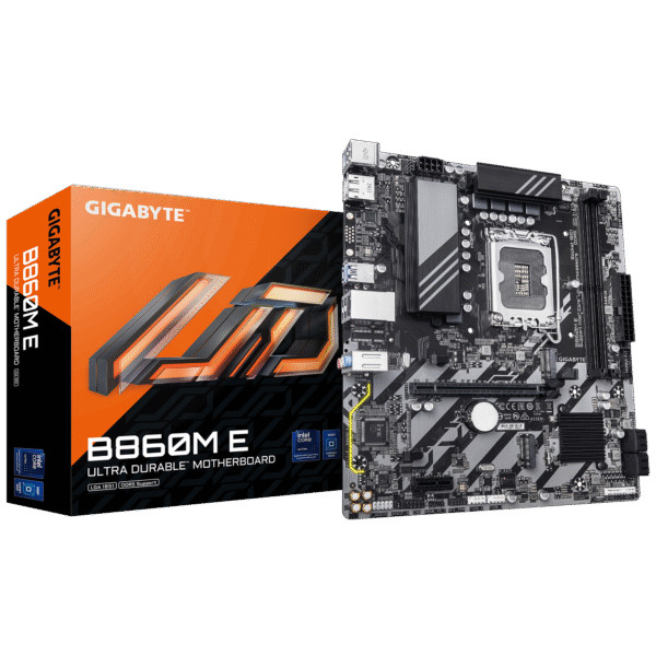 Gigabyte B860M E | Processor family Intel | Processor socket LGA1851 | DDR5 | Supported hard disk drive interfaces SATA, M.2 | Number of SATA connectors 4