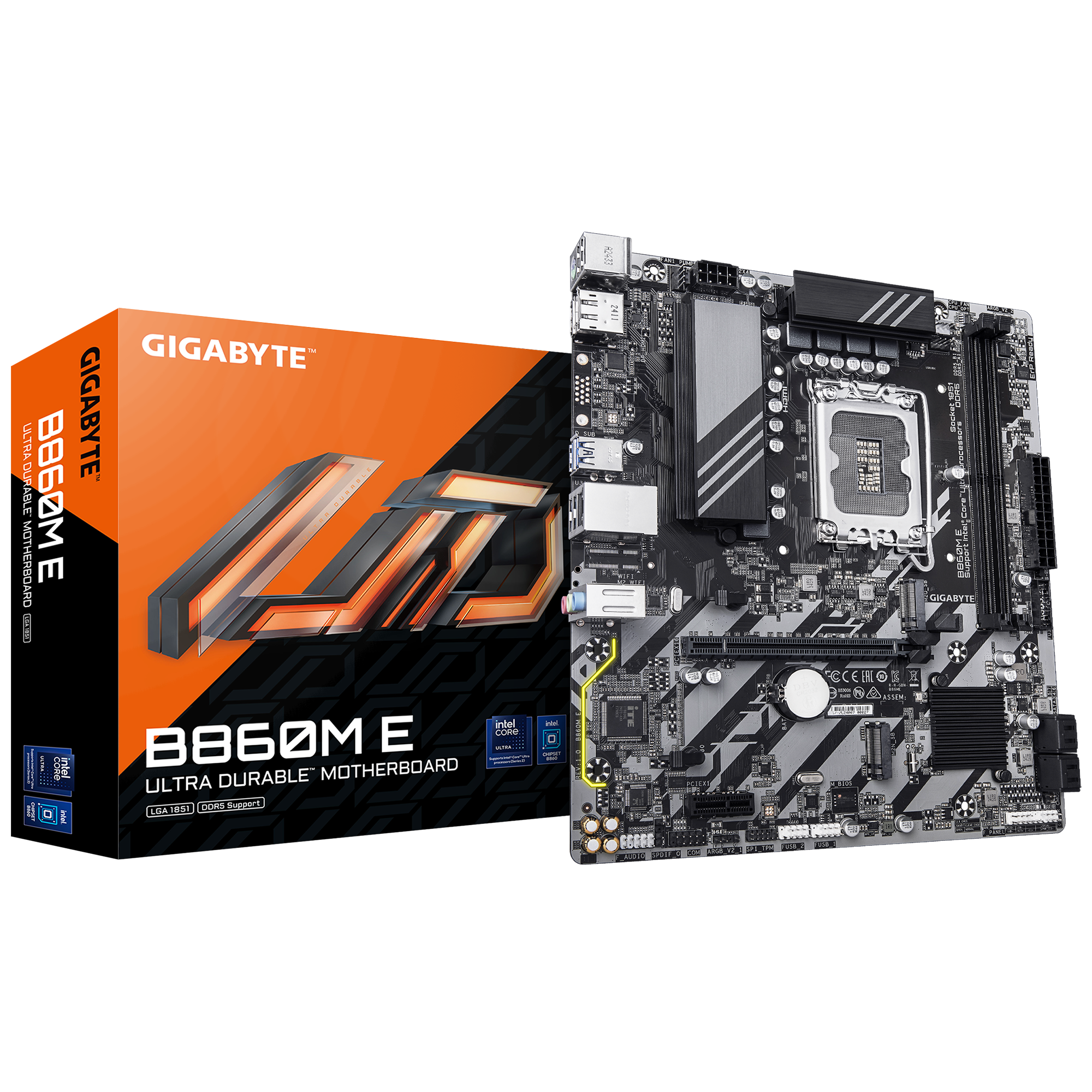 Gigabyte B860M E | Processor family Intel | Processor socket LGA1851 | DDR5 | Supported hard disk drive interfaces SATA, M.2 | Number of SATA connectors 4