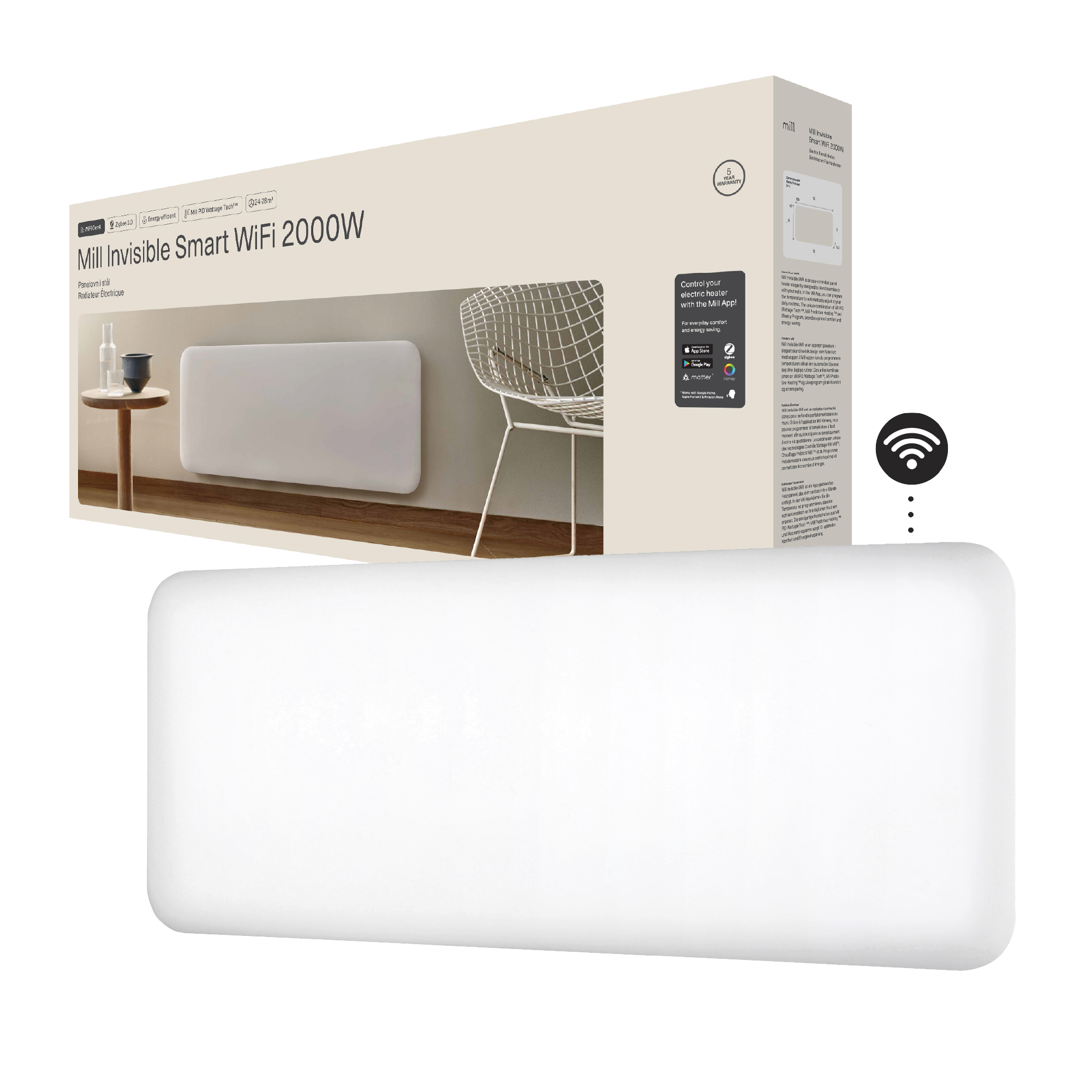 Mill Invisible Smart WiFi Heater | PA2000WIFI4 | Panel Heater | 2000 W | Suitable for rooms up to 24-28 m² | White | IPX4 - Image 2