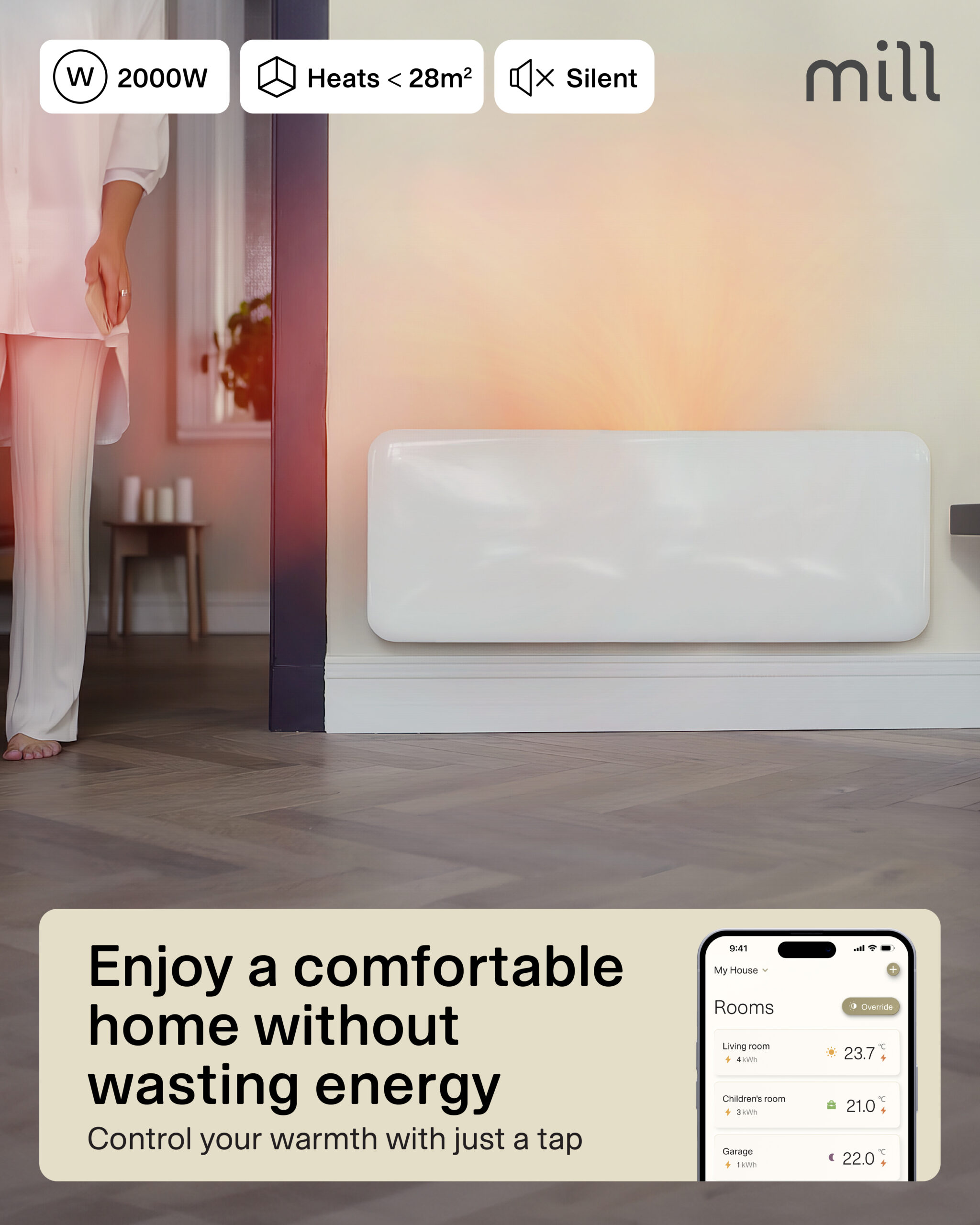 Mill Invisible Smart WiFi Heater | PA2000WIFI4 | Panel Heater | 2000 W | Suitable for rooms up to 24-28 m² | White | IPX4 - Image 7
