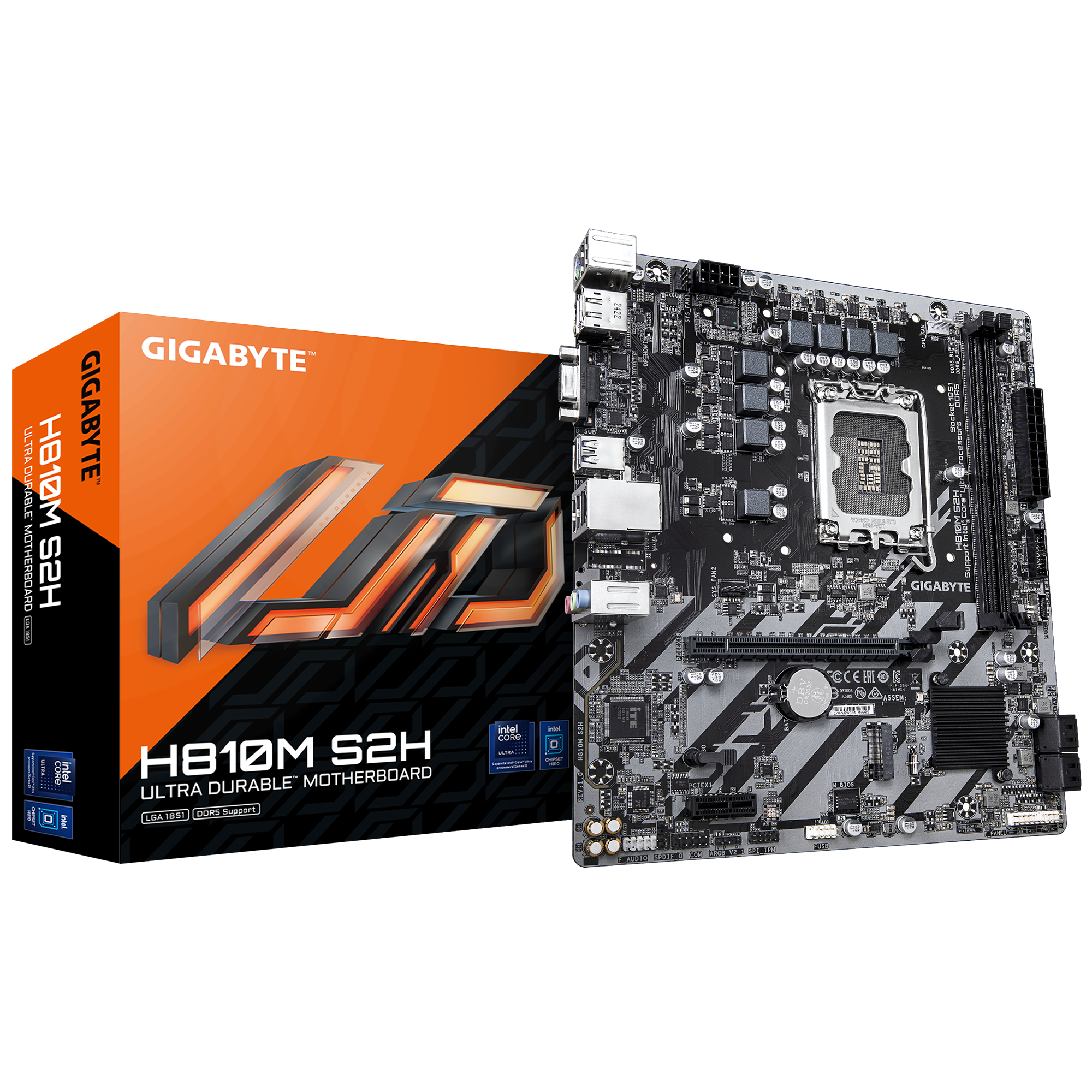 Gigabyte H810M S2H | Processor family Intel | Processor socket LGA1851 | DDR5 | Supported hard disk drive interfaces M.2, SATA | Number of SATA connectors 4