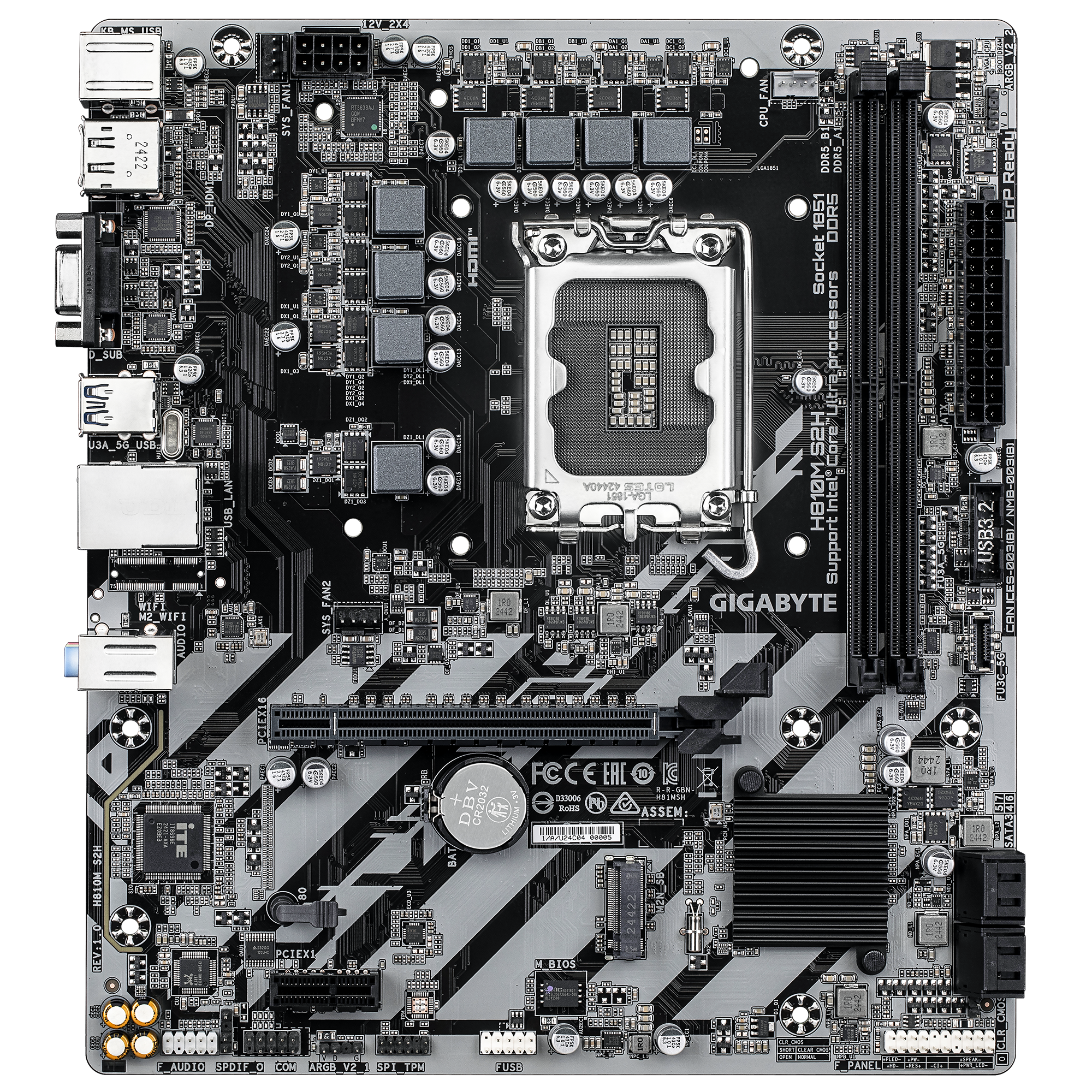 Gigabyte H810M S2H | Processor family Intel | Processor socket LGA1851 | DDR5 | Supported hard disk drive interfaces M.2, SATA | Number of SATA connectors 4 - Image 2