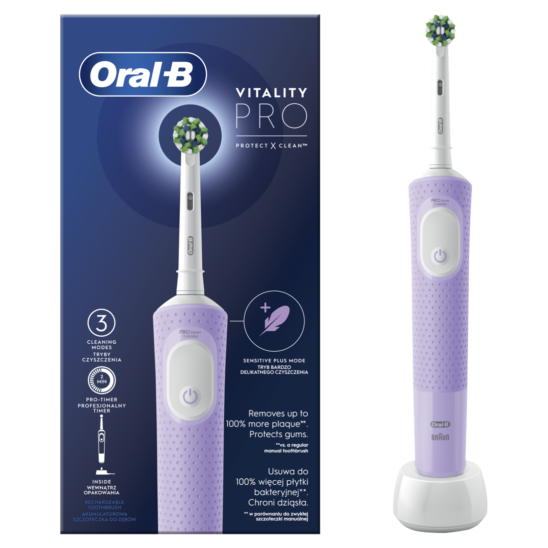 Oral-B | Electric Toothbrush | D103 Vitality Pro | Rechargeable | For adults | Number of brush heads included 1 | Number of teeth brushing modes 3 | Lilac Mist - Image 2