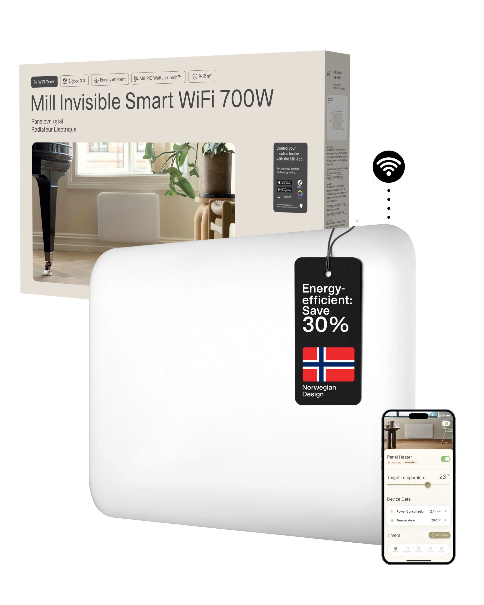 Mill Invisible Smart WiFi Heater | PA700WIFI4 | Panel Heater | 700 W | Suitable for rooms up to 9-12 m² | White | IPX4
