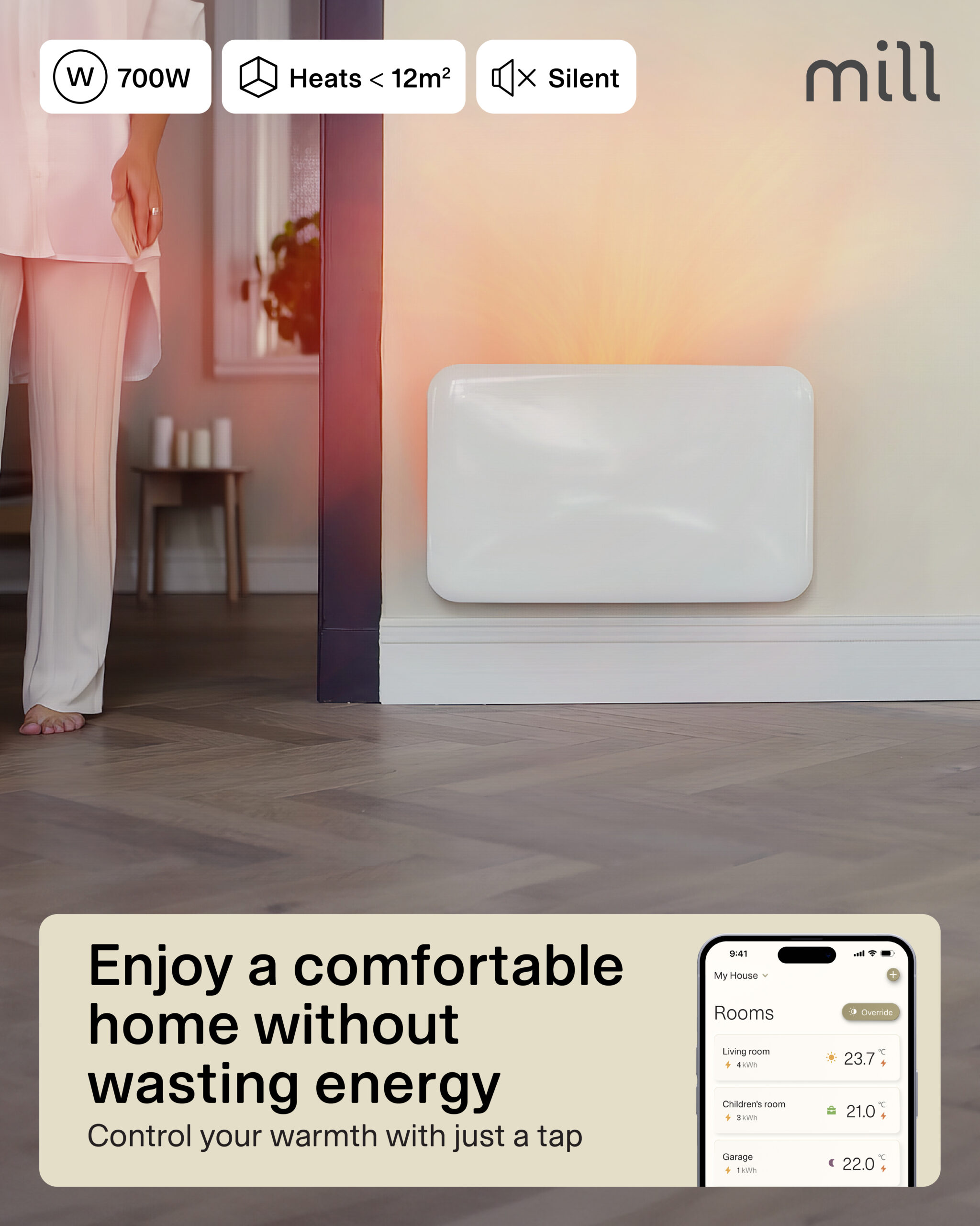 Mill Invisible Smart WiFi Heater | PA700WIFI4 | Panel Heater | 700 W | Suitable for rooms up to 9-12 m² | White | IPX4 - Image 6