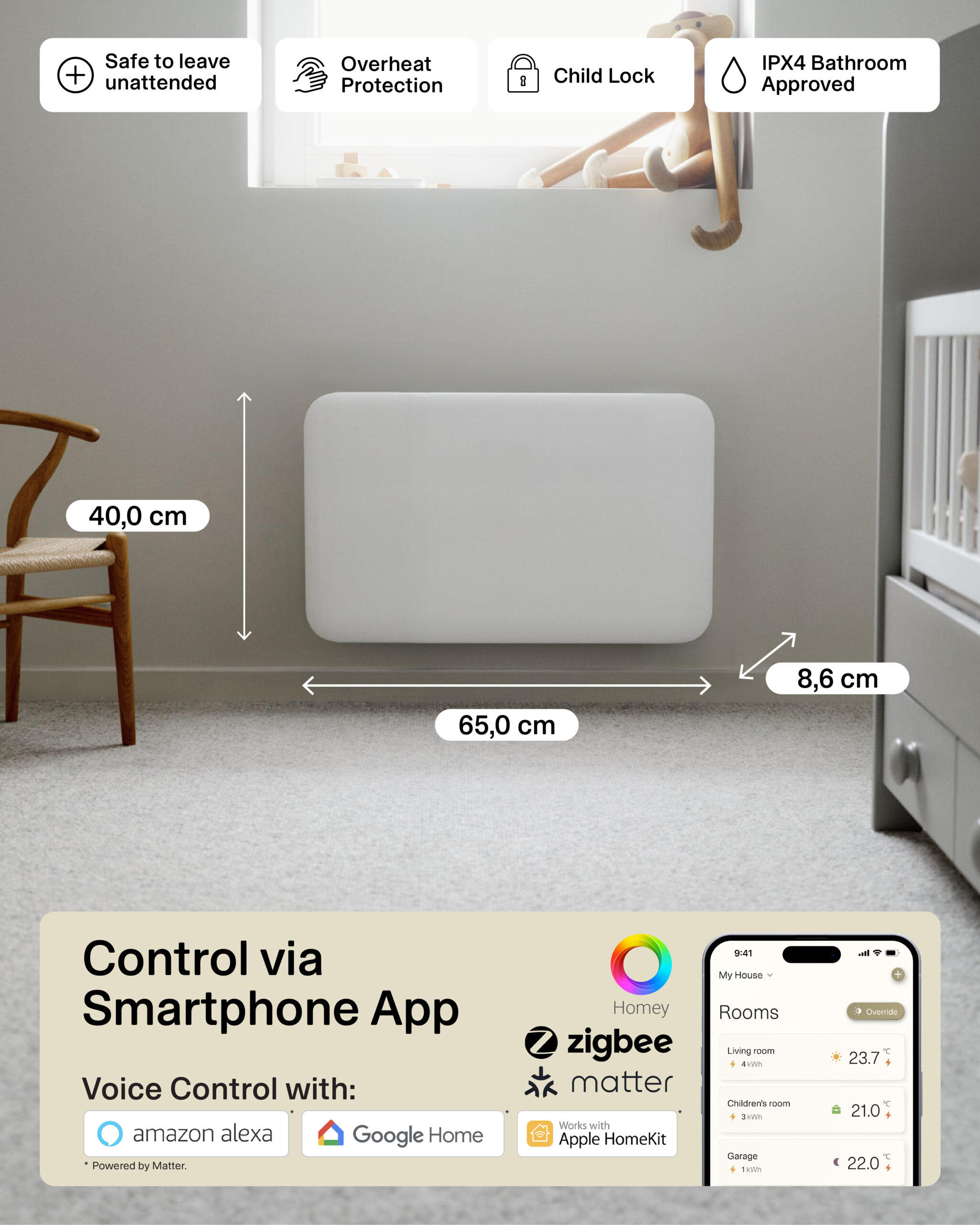 Mill Invisible Smart WiFi Heater | PA700WIFI4 | Panel Heater | 700 W | Suitable for rooms up to 9-12 m² | White | IPX4 - Image 8