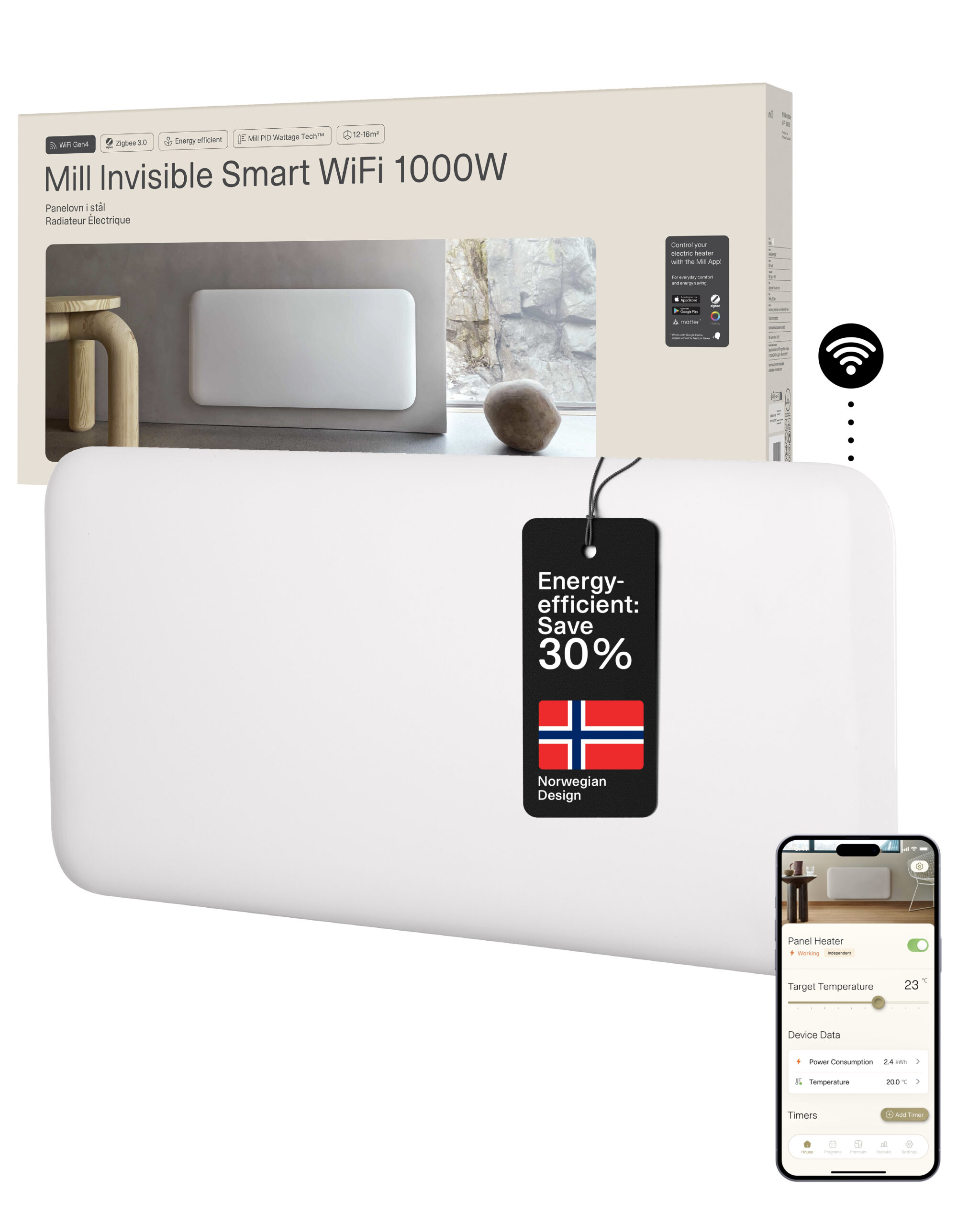 Mill Invisible Smart WiFi Heater | PA1000WIFI4 | Panel Heater | 1000 W | Suitable for rooms up to 12-16 m² | White | IPX4