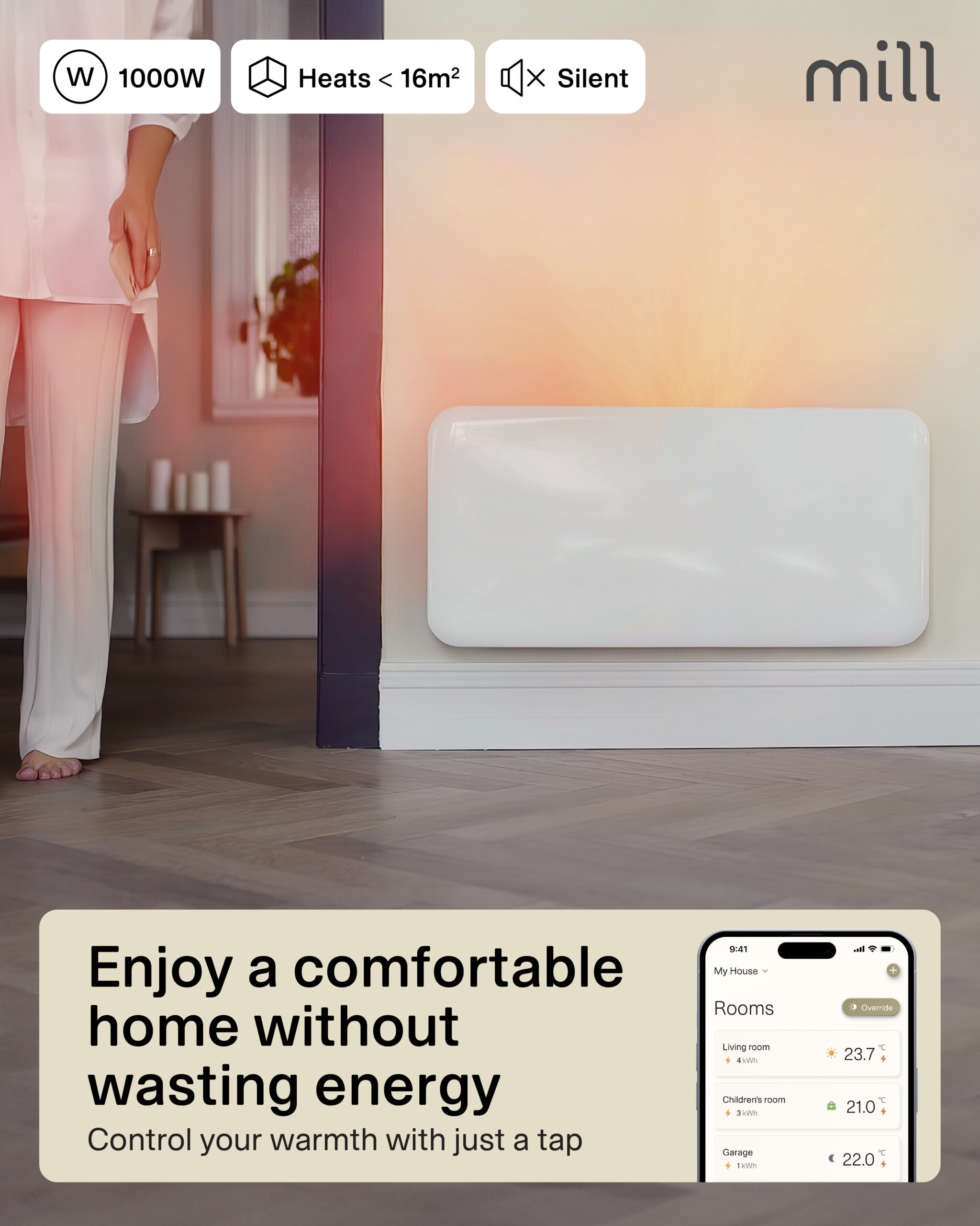 Mill Invisible Smart WiFi Heater | PA1000WIFI4 | Panel Heater | 1000 W | Suitable for rooms up to 12-16 m² | White | IPX4 - Image 7