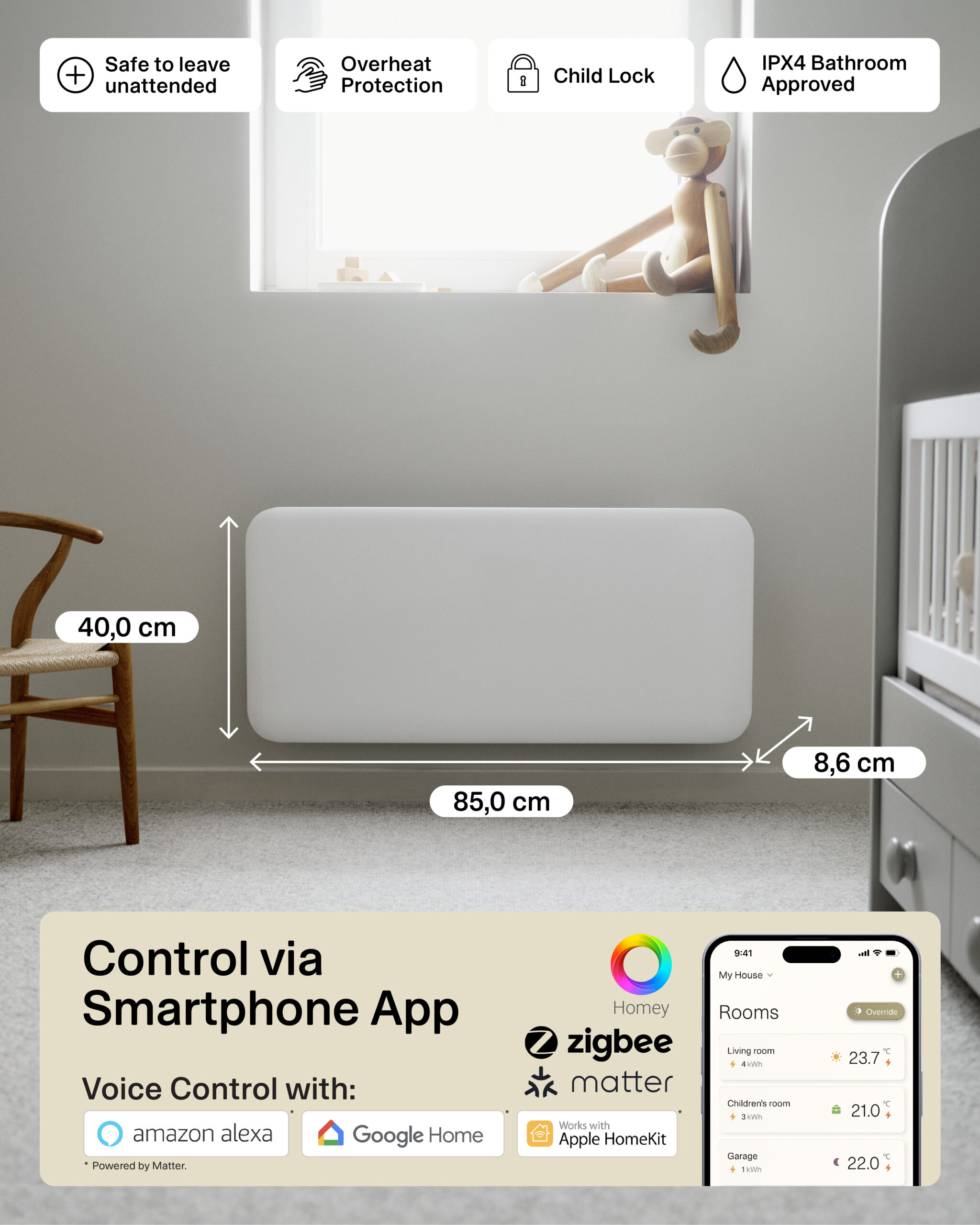 Mill Invisible Smart WiFi Heater | PA1000WIFI4 | Panel Heater | 1000 W | Suitable for rooms up to 12-16 m² | White | IPX4 - Image 9