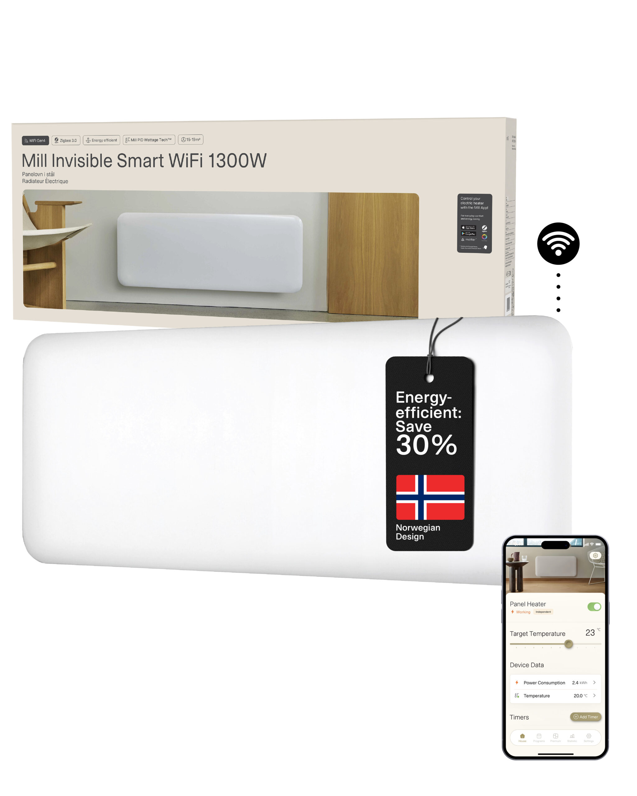 Mill Invisible Smart WiFi Heater | PA1300WIFI4 | Panel Heater | 1300 W | Suitable for rooms up to 15-19 m² | White | IPX4