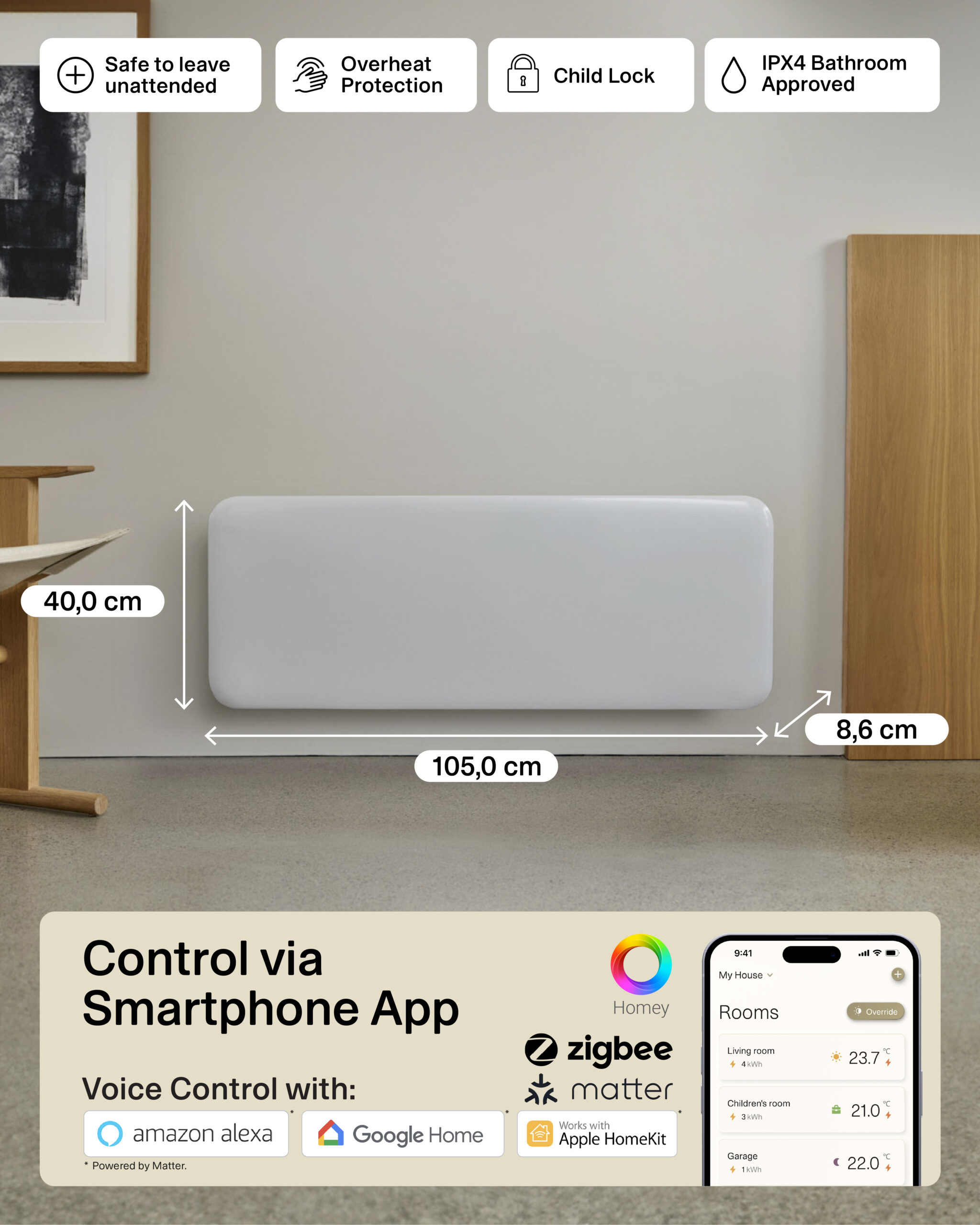 Mill Invisible Smart WiFi Heater | PA1300WIFI4 | Panel Heater | 1300 W | Suitable for rooms up to 15-19 m² | White | IPX4 - Image 9