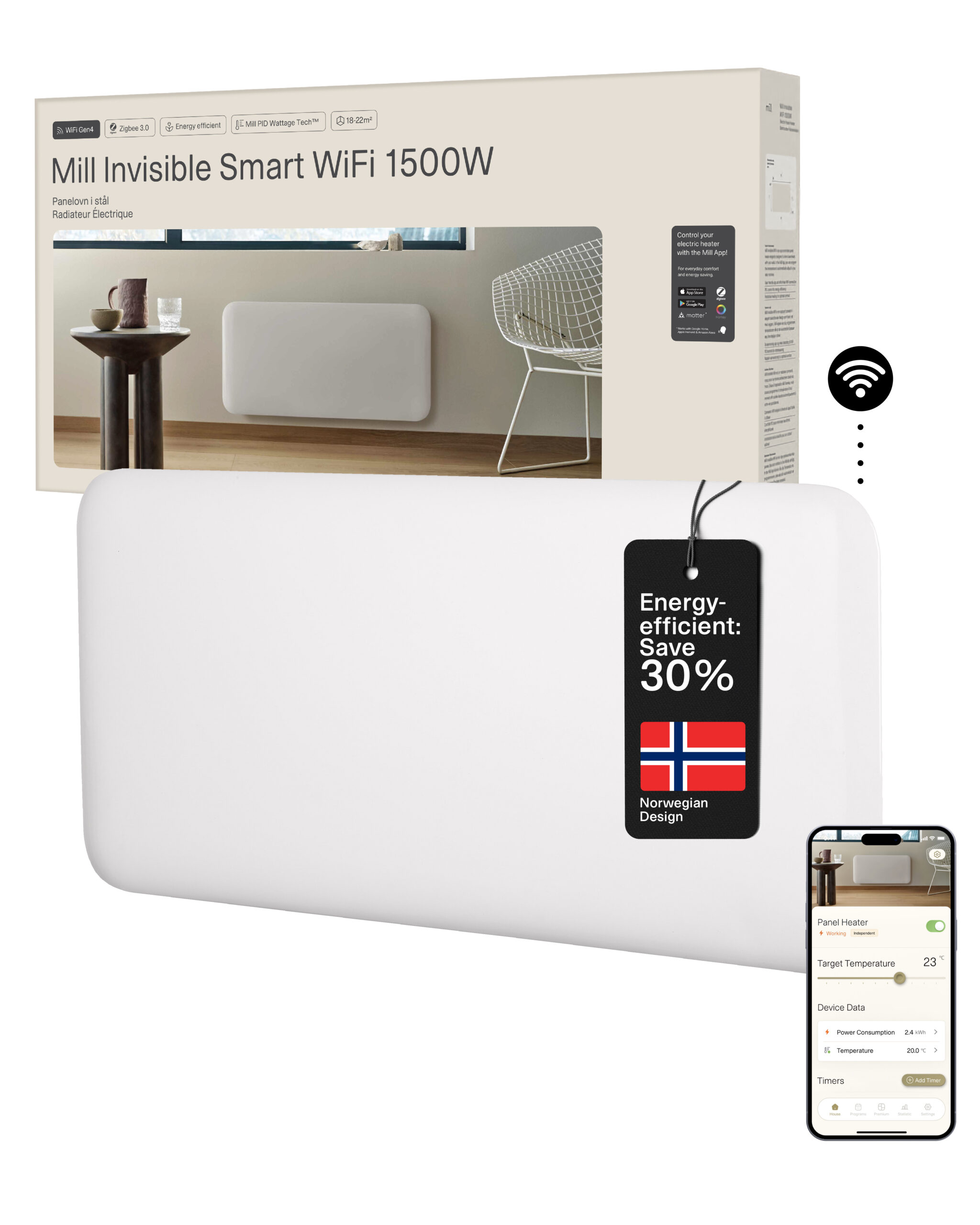 Mill Invisible Smart WiFi Heater | PA1500WIFI4 | Panel Heater | 1500 W | Suitable for rooms up to 18-22 m² | White | IPX4