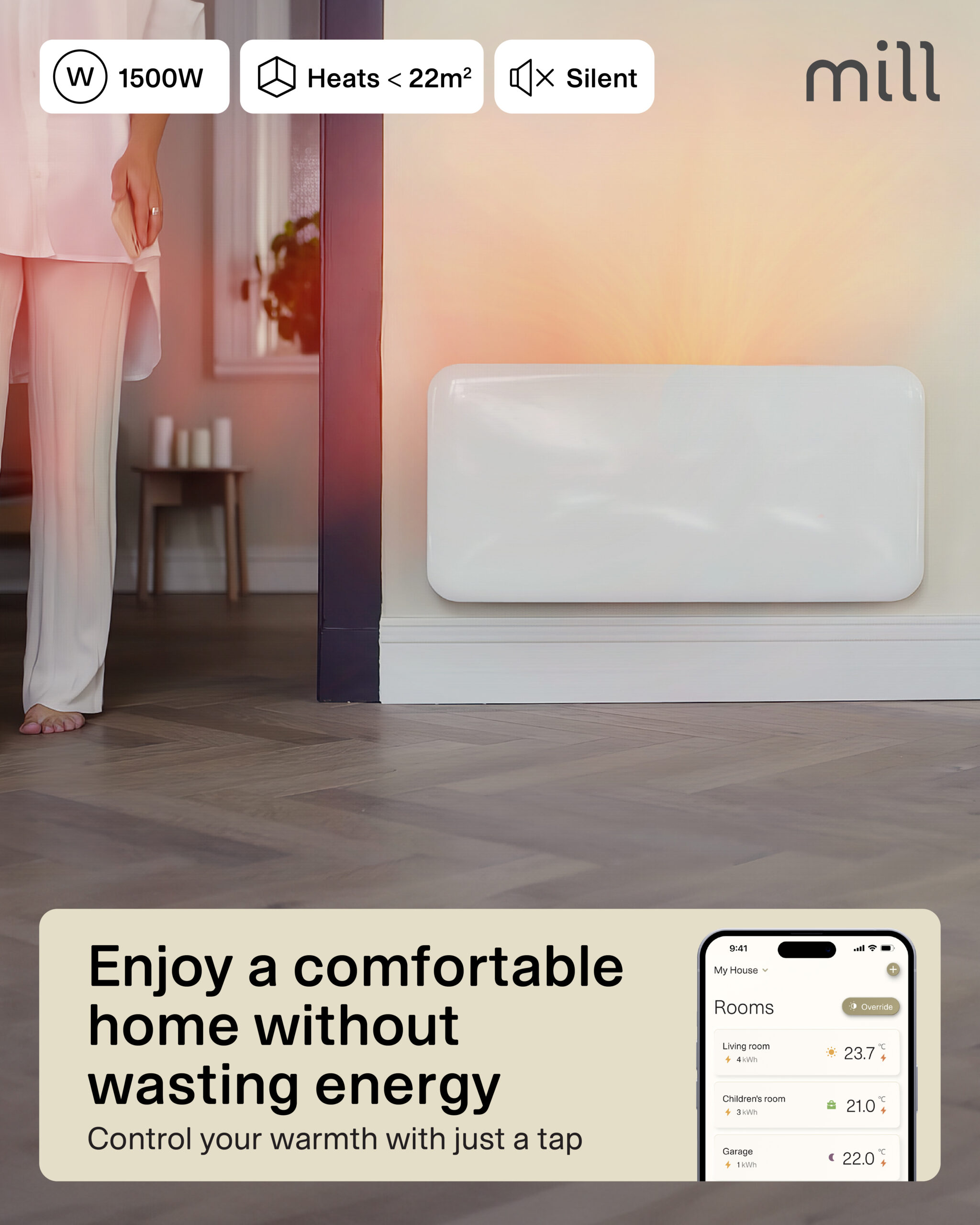 Mill Invisible Smart WiFi Heater | PA1500WIFI4 | Panel Heater | 1500 W | Suitable for rooms up to 18-22 m² | White | IPX4 - Image 6