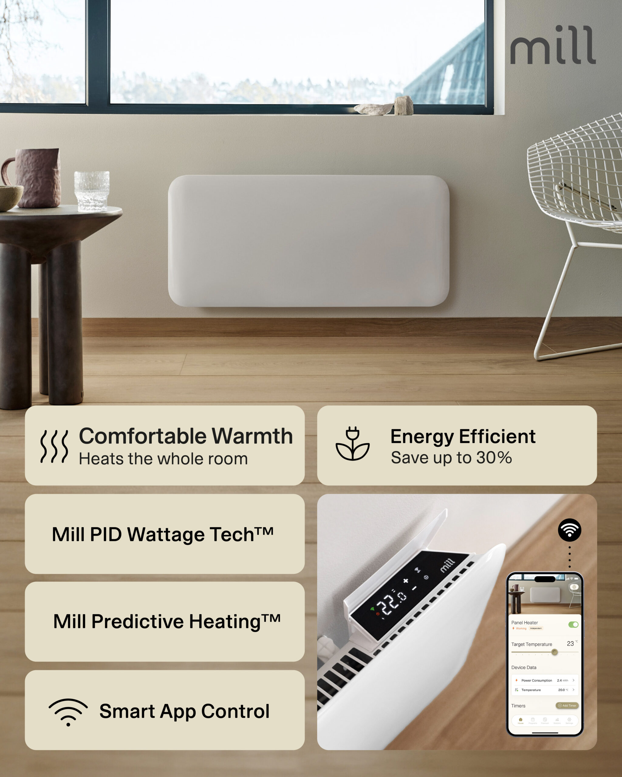 Mill Invisible Smart WiFi Heater | PA1500WIFI4 | Panel Heater | 1500 W | Suitable for rooms up to 18-22 m² | White | IPX4 - Image 7
