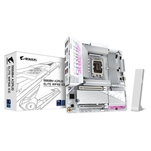 Gigabyte B860M AORUS ELITE WIFI6E ICE | Processor family Intel | Processor socket LGA1851 | DDR5 | Supported hard disk drive interfaces SATA, M.2 | Number of SATA connectors 4