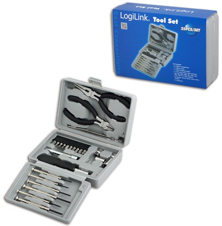 Logilink | Tool Set, 25pcs | Incl. transport boxThe set includes6x micro screwdrivers1x micro cutter1x mini telephone plier1x bit screwdriver with extension10x bits (PH1, PH2, PZ1, PZ2, PZ5, PZ6, T10, T15, T20, adaptor)4x socket wrench (5mm, 6mm, 8mm, 10mm)1x tweezersBarcode: 4052792012491
