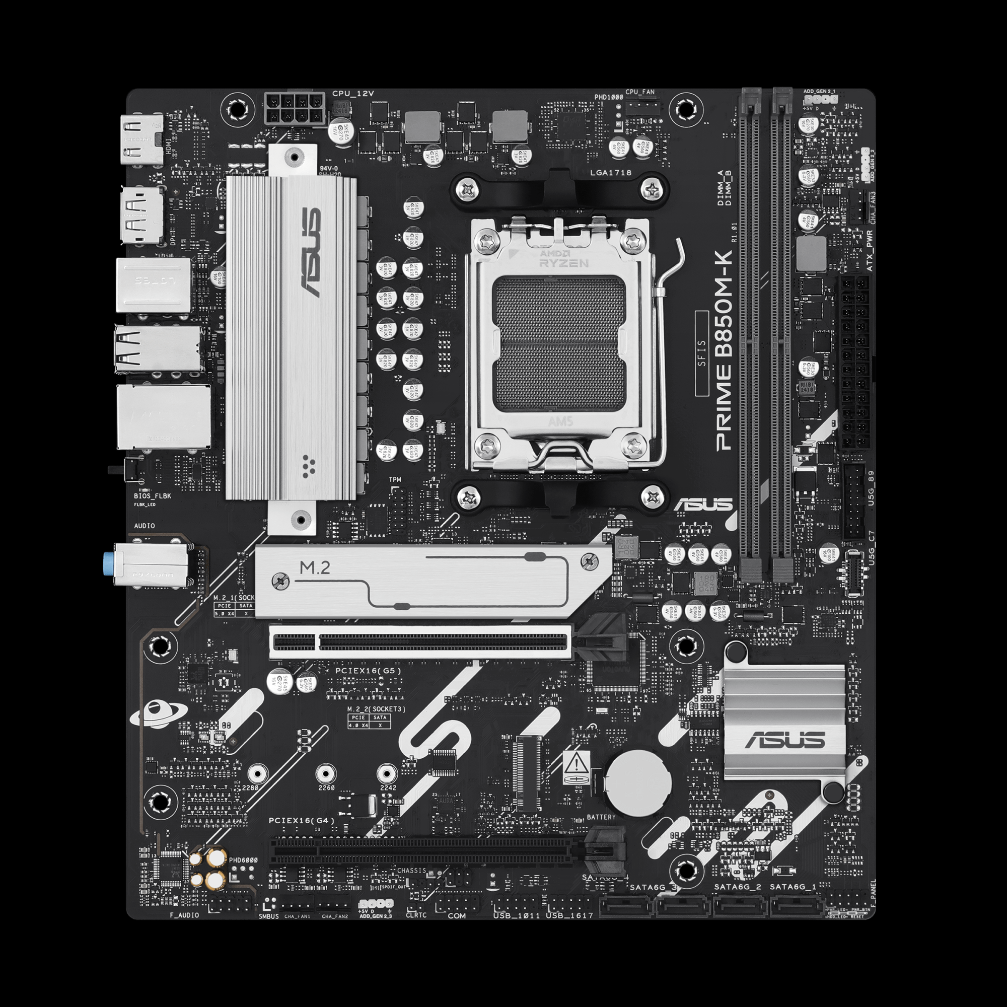 Asus PRIME B850M-K | Processor family AMD | Processor socket AM5 | DDR5 | Supported hard disk drive interfaces SATA, M.2 | Number of SATA connectors 4