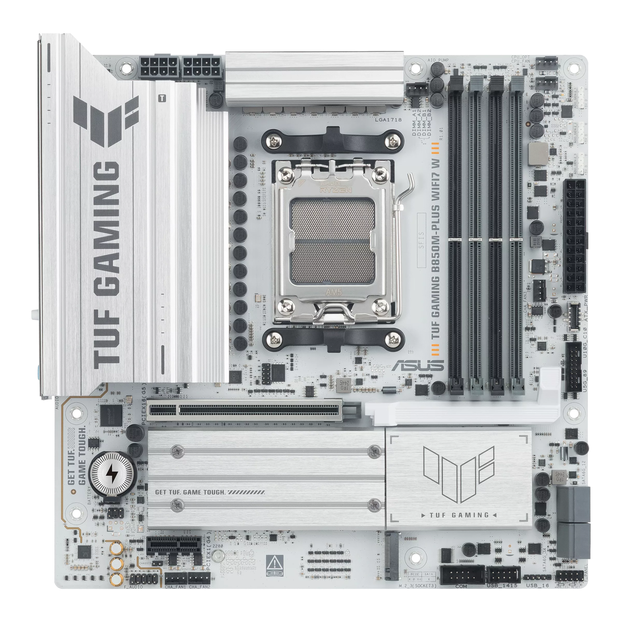 Asus TUF GAMING B850M-PLUS WIFI7 W | Processor family AMD | Processor socket AM5 | DDR5 | Supported hard disk drive interfaces SATA, M.2 | Number of SATA connectors 4