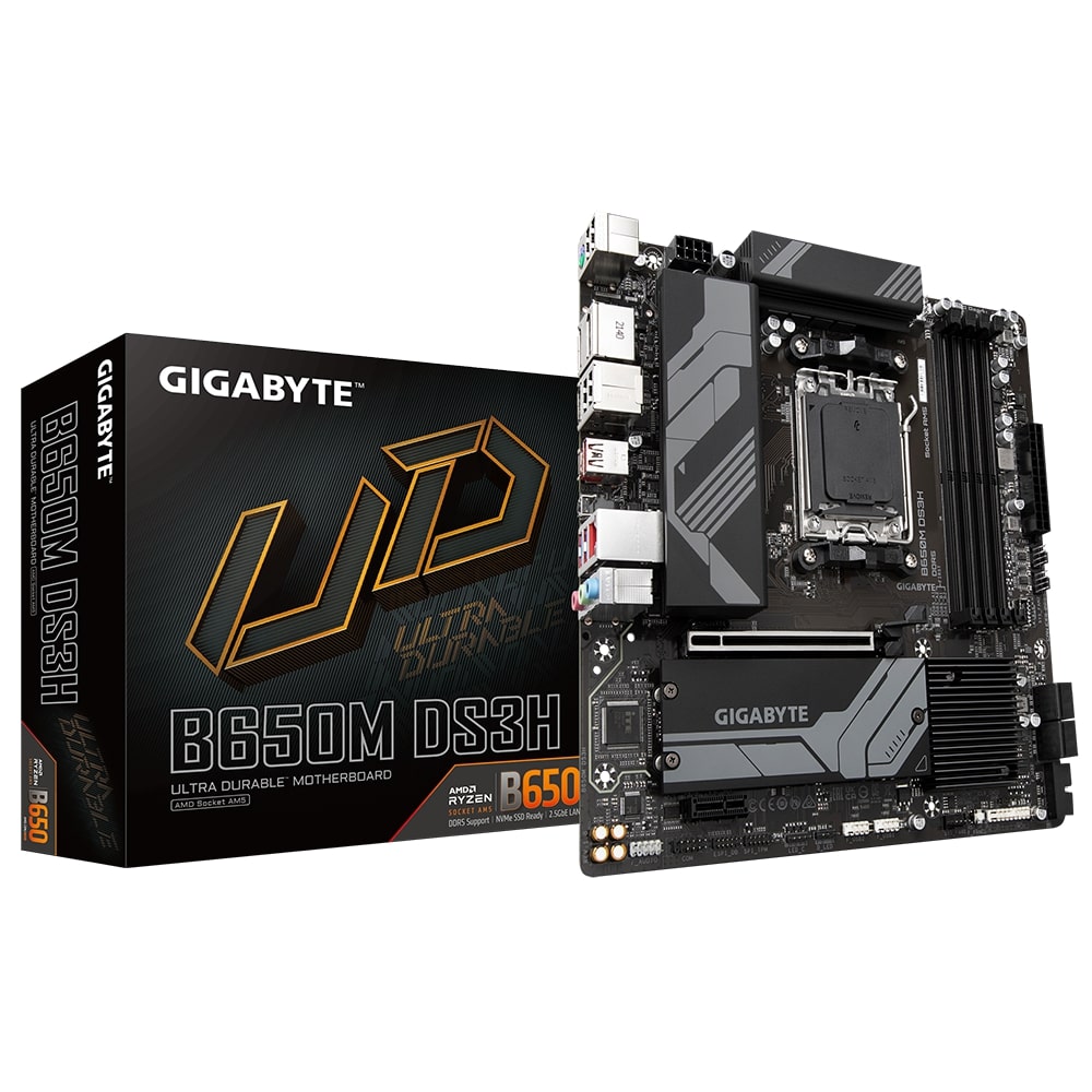 Gigabyte | B650M DS3H 1.0 M/B | Processor family AMD | Processor socket AM5 | DDR5 DIMM | Memory slots 4 | Supported hard disk drive interfaces SATA, M.2 | Number of SATA connectors 4 | Chipset B650 | Micro ATX